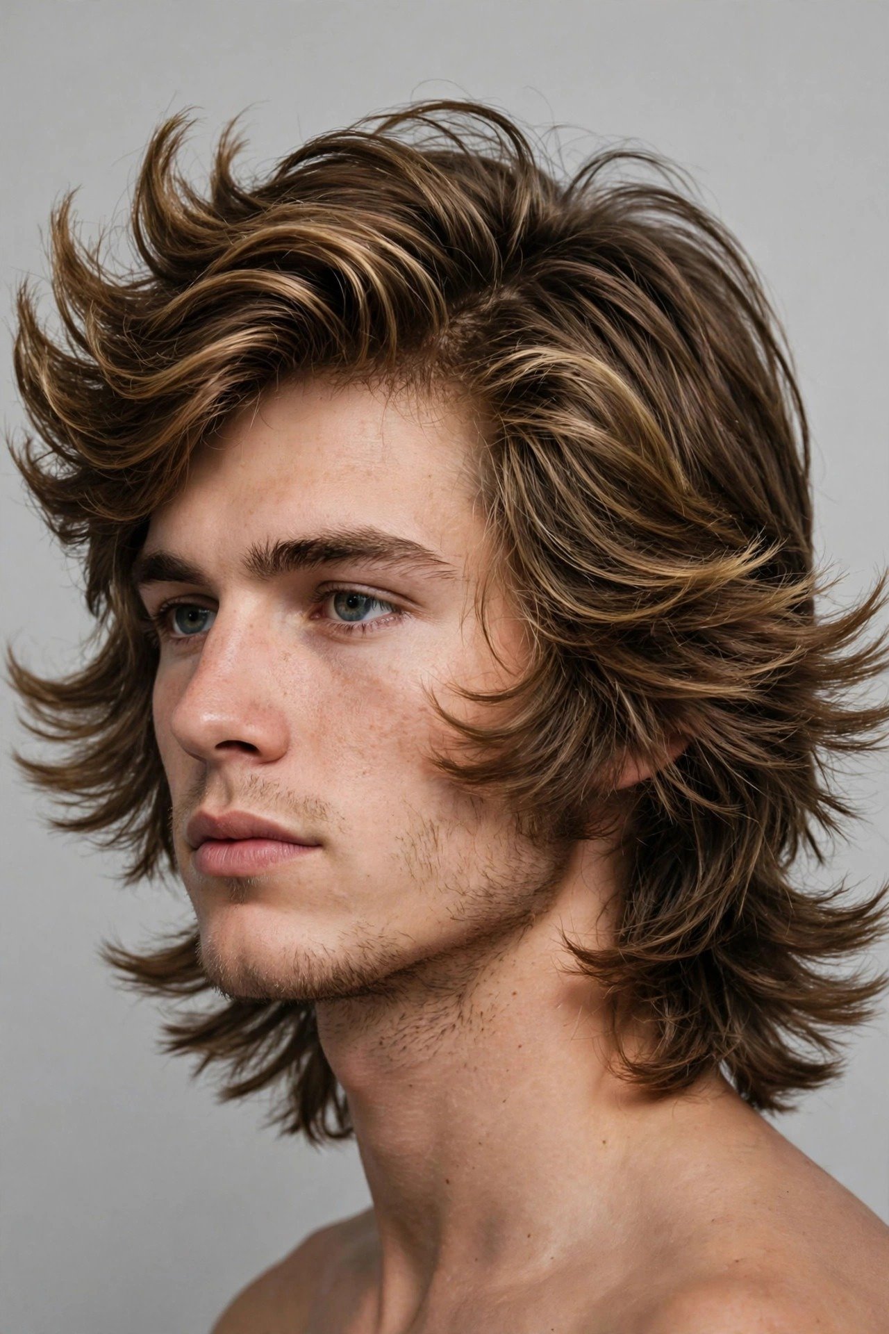 Classic 70s feathered wings haircut men, layered outward flicking ends with retro volume