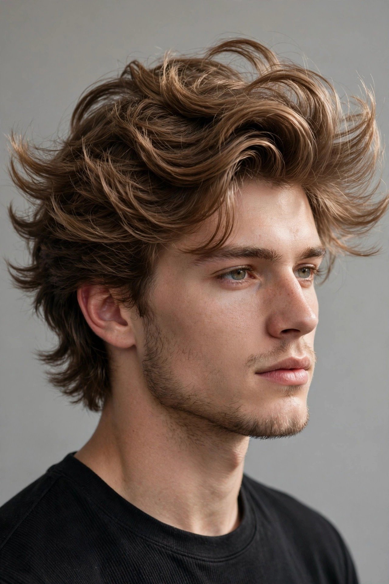 Modern feathered blowout haircut men, voluminous blow dried layers with soft flick