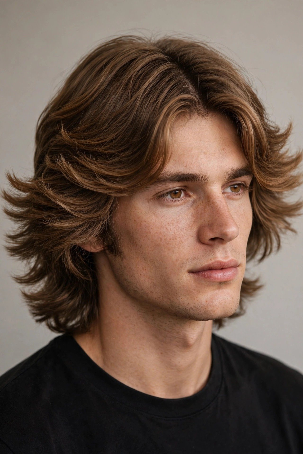 Feathered middle part haircut men, center parted layers with outward wings