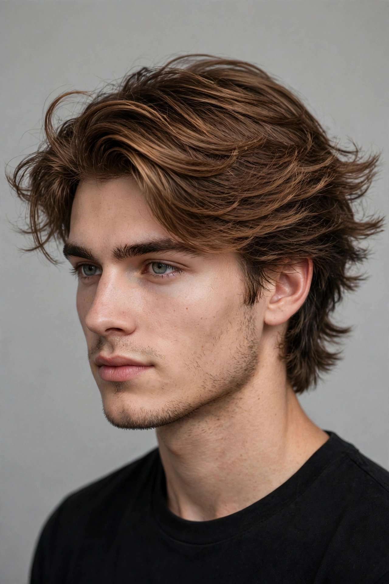Feathered side sweep haircut men, long layers swept across with feathered flick