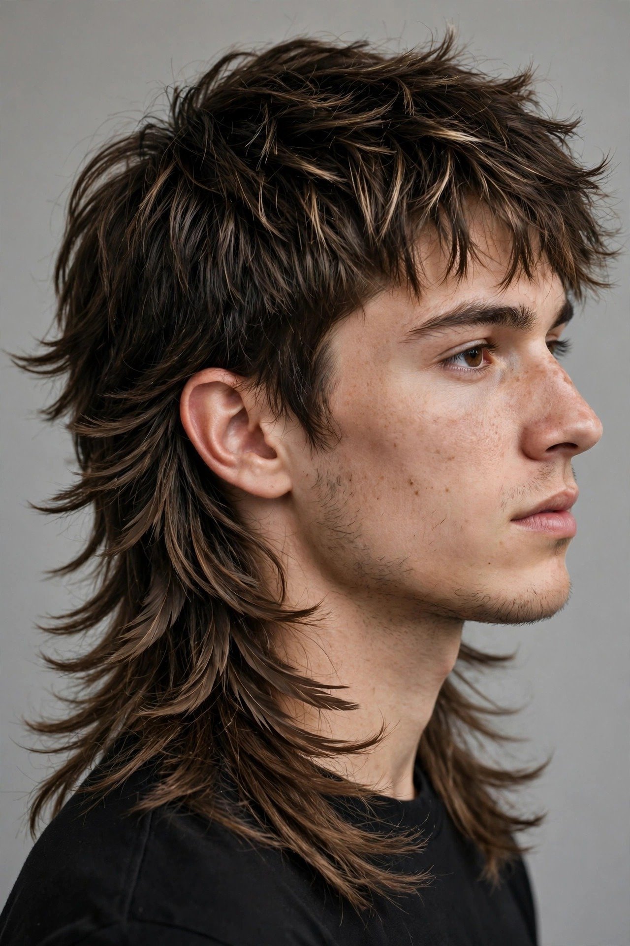 Modern feathered mullet haircut men, feathered wings at the back with clean front
