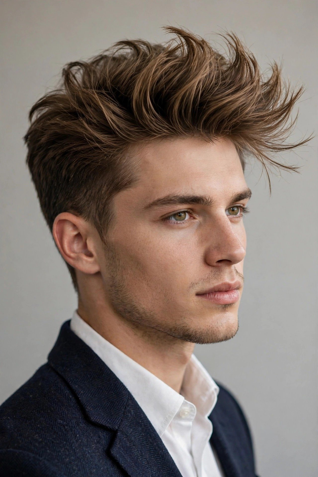 Feathered quiff haircut men, lifted front with feathered textured ends