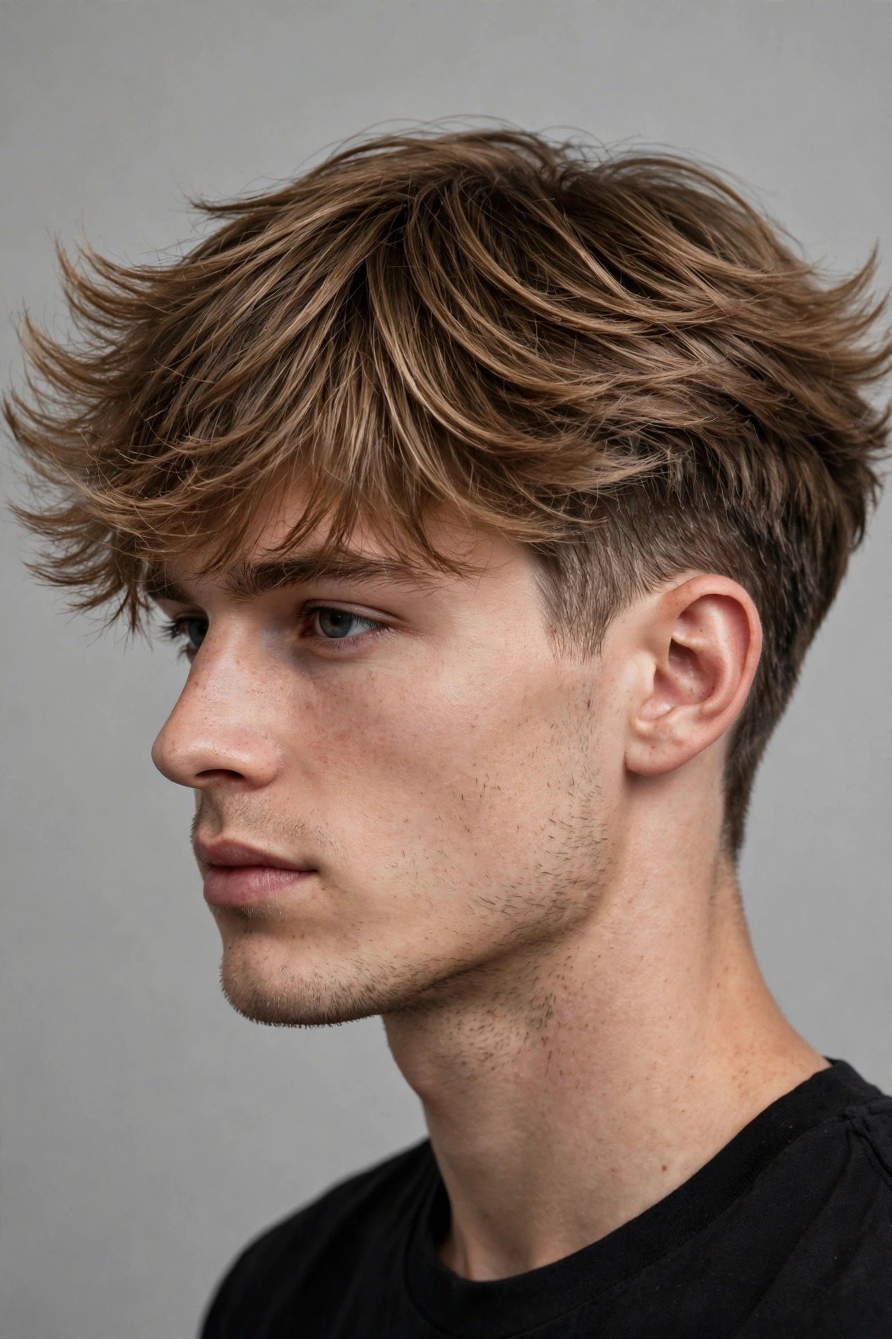 Feathered fringe haircut men, forward falling feathered fringe with soft wings