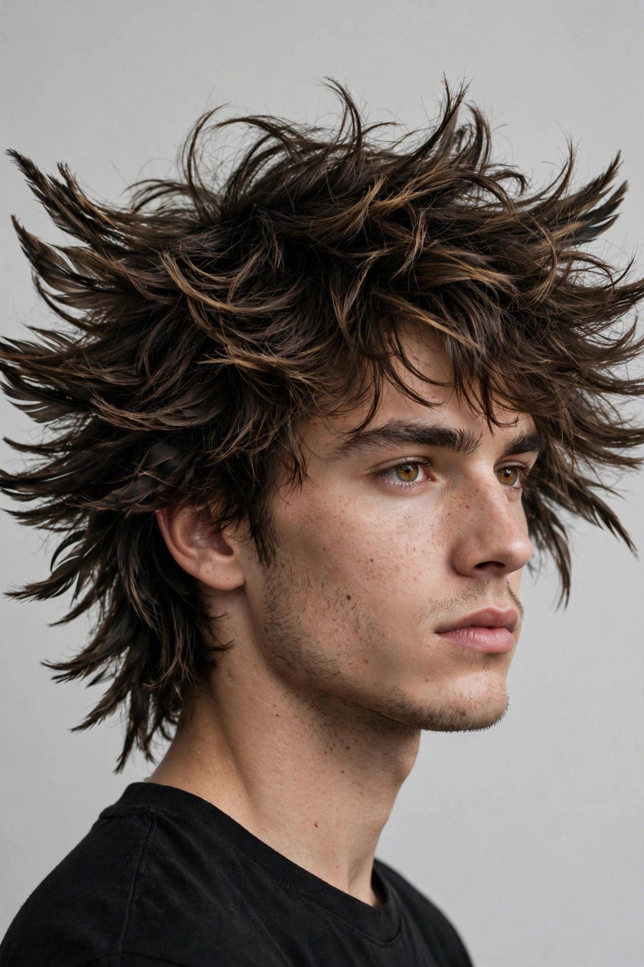 Feathered wolf cut men, shaggy feathered layers with wild wings