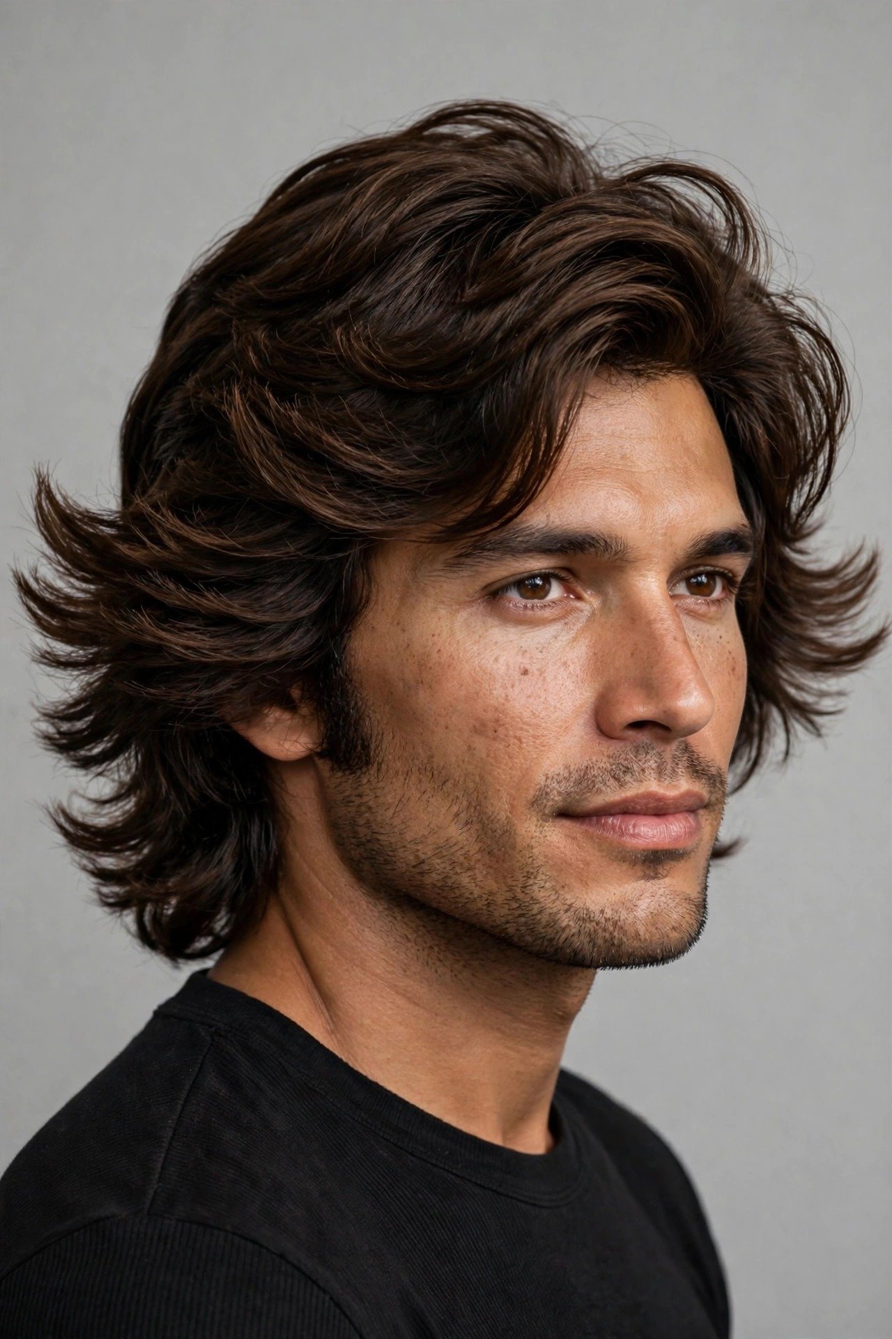 Confident man with feathered 70s style haircut, modern retro look