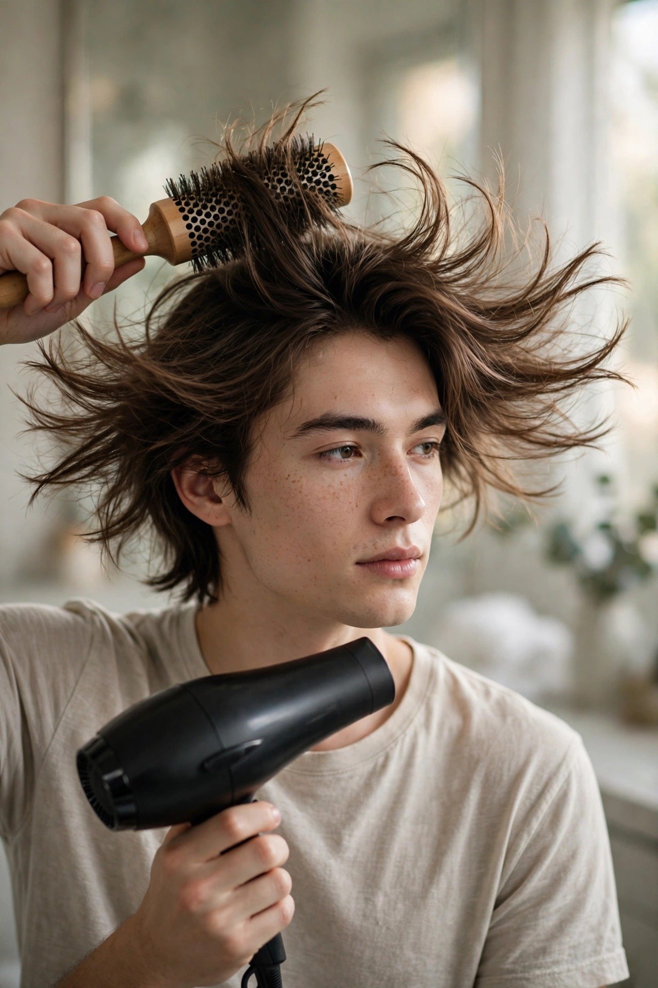 Man round brush blow drying feathered hair, creating outward flicking wings, styling technique