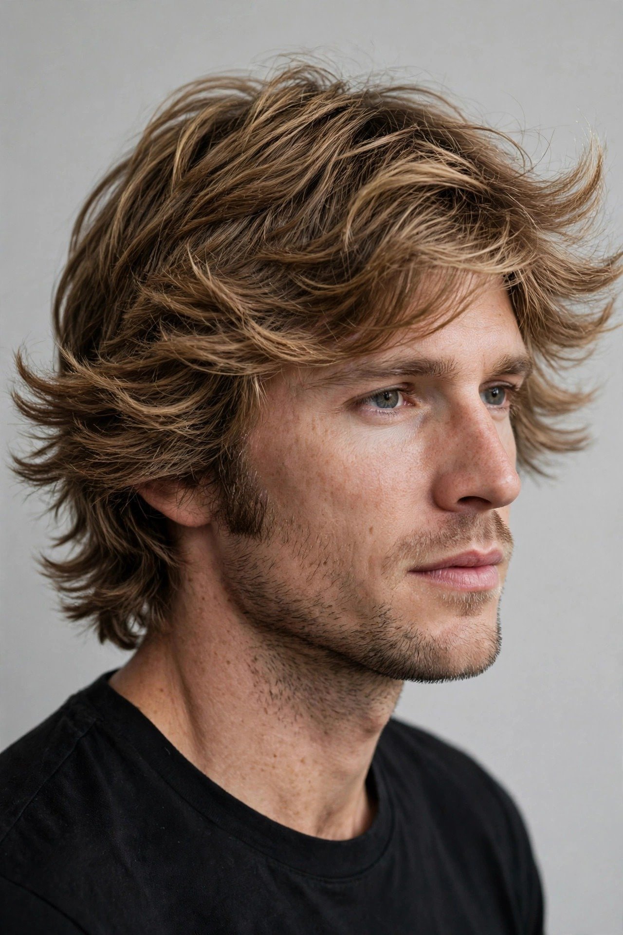 Feathered men's hairstyle with layered wings and soft outward flick, 70s revival texture