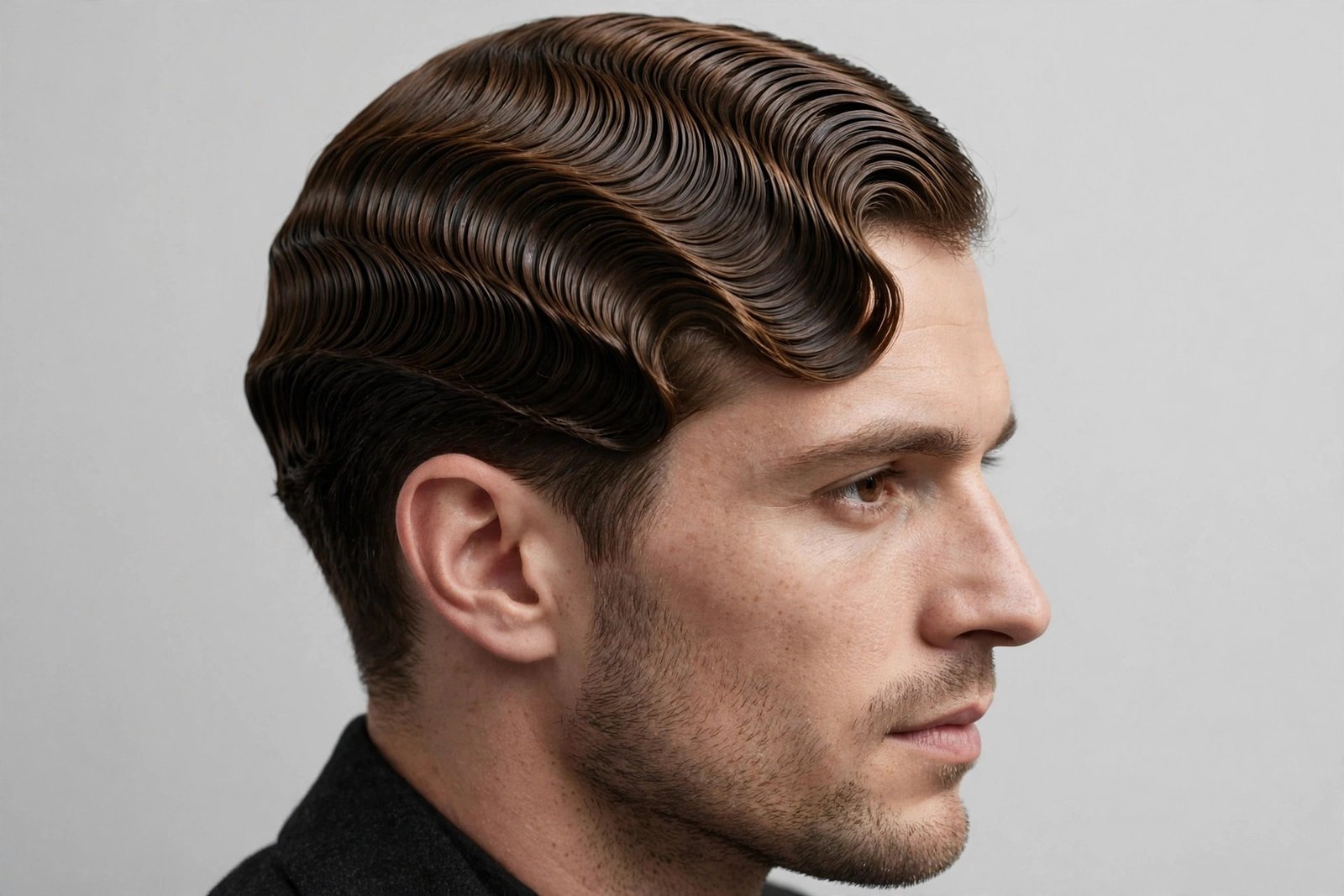 Classic 1920s deep finger waves on a man, dramatic glossy S-shaped ridges, vintage barbershop photography
