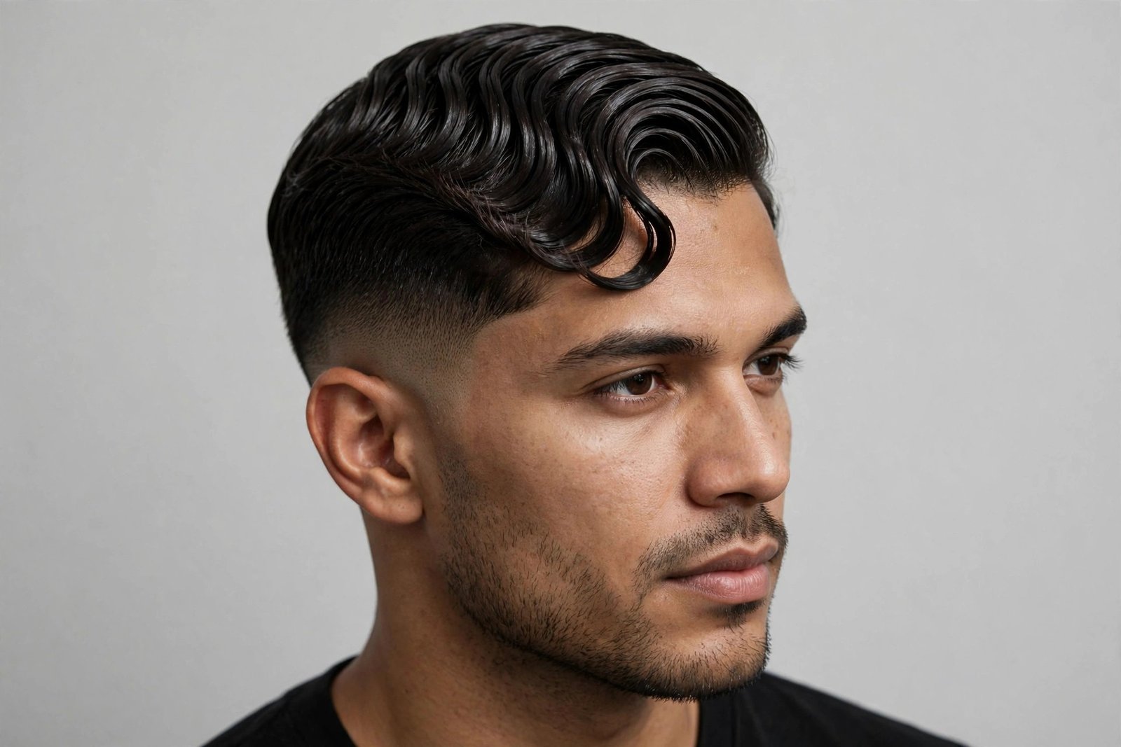 Modern sculpted finger waves with tapered sides on a man, glossy ridges, contemporary barbershop photography