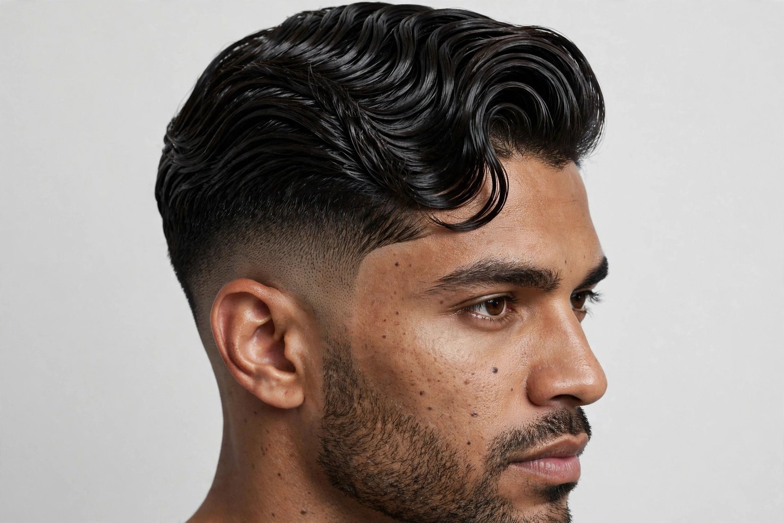 Finger waves with low skin fade on a man, sculpted ridges above a sharp low fade, barbershop photography