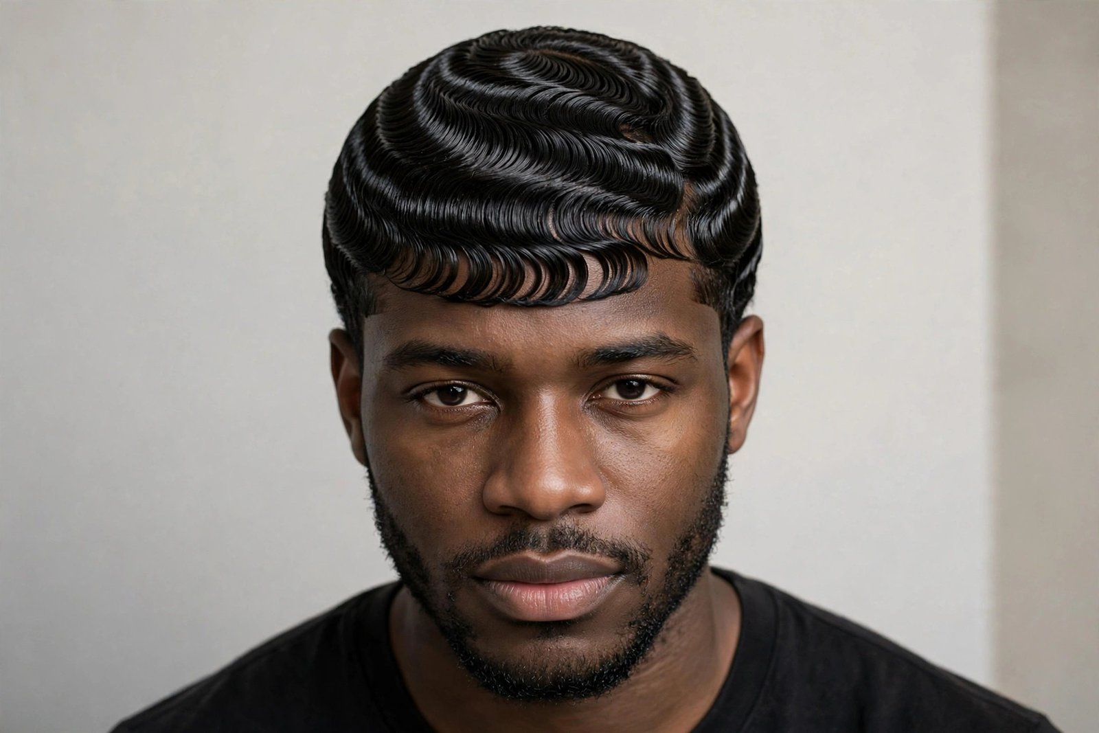 Deep 360 finger waves on natural coily hair, sculpted wave detail at the crown, Black barbershop photography