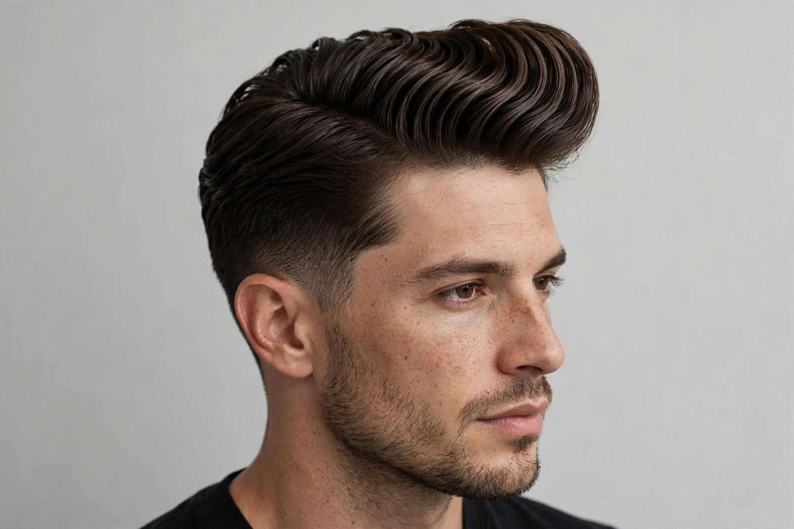 Finger wave pompadour on a man, sculpted ridges swept up with volume, vintage-modern barbershop photography