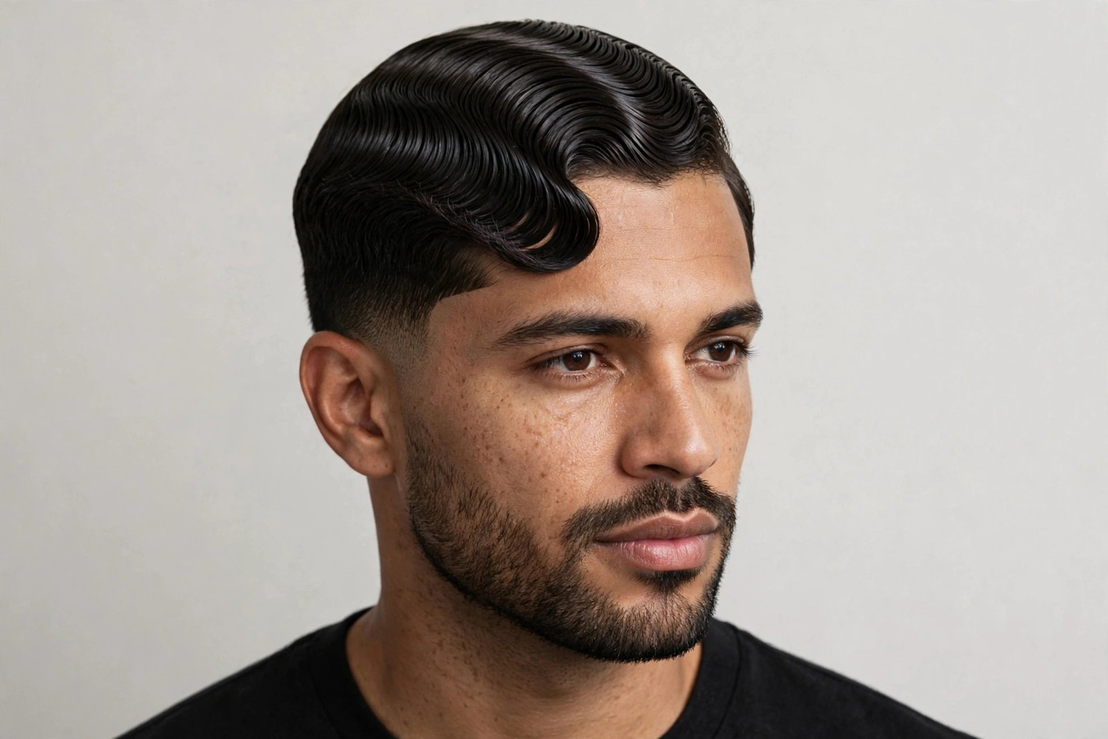 Side-part finger waves on a man, crisp part with sculpted ridges flowing to the side, classic barbershop photography