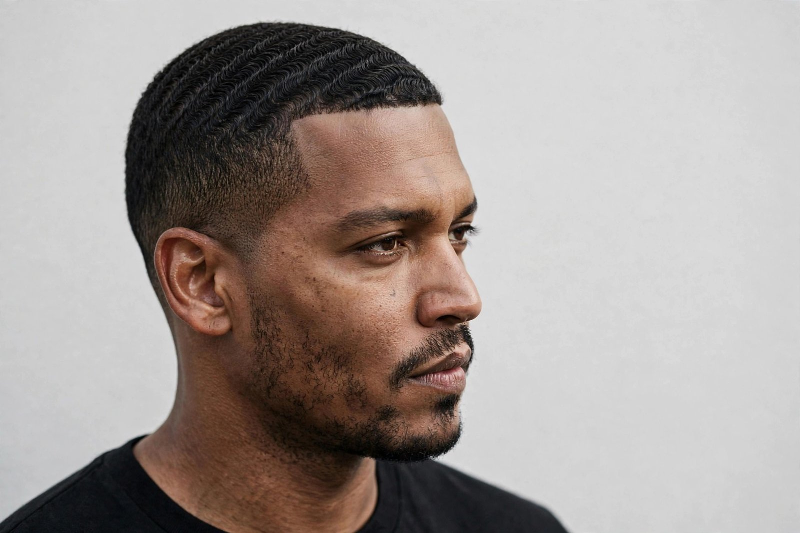 Short cropped finger waves on a man, tight shallow sculpted ridges, clean modern barbershop photography