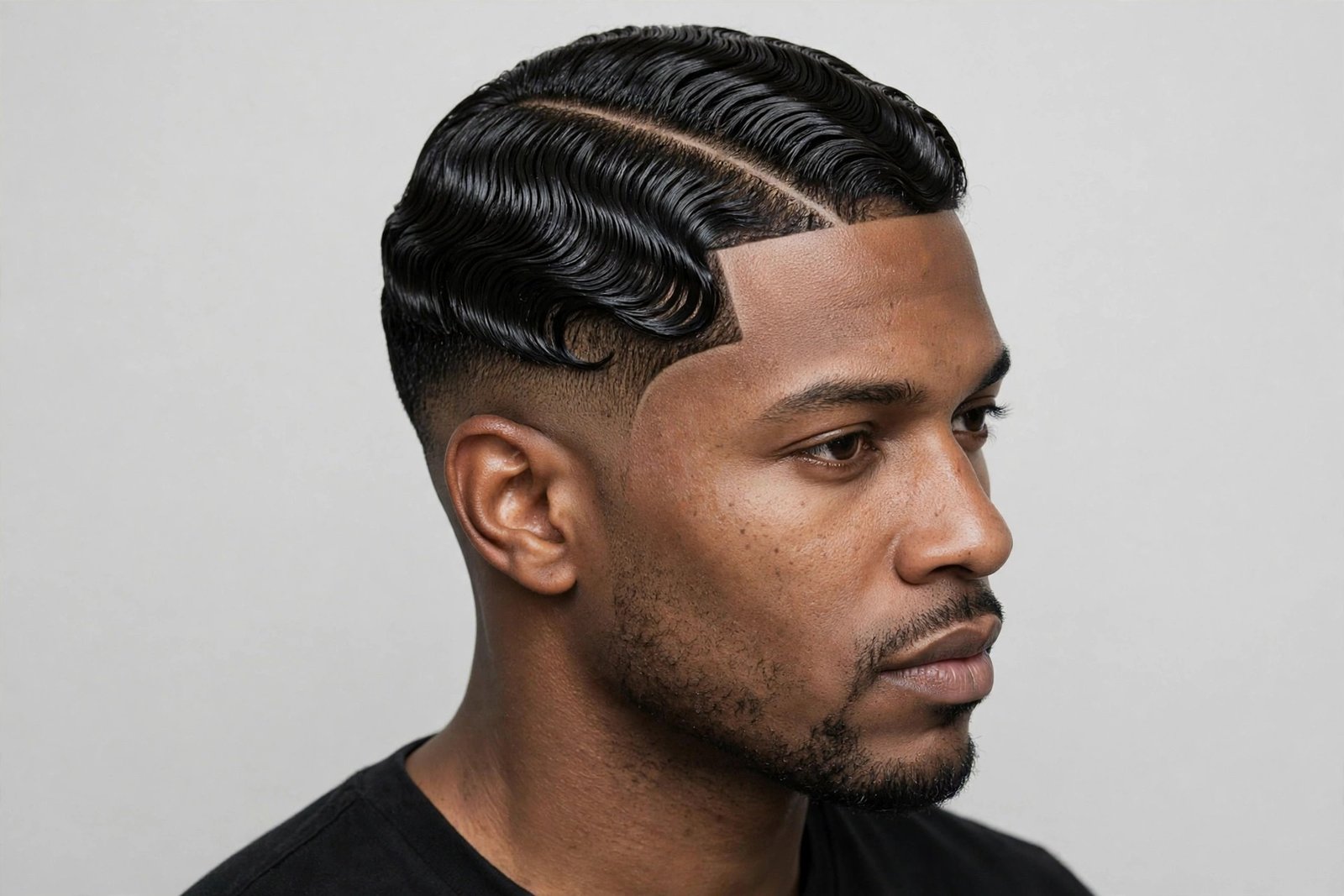 Finger waves with a hard part on a man, razor-sharp part line with sculpted ridges, precision barbershop photography