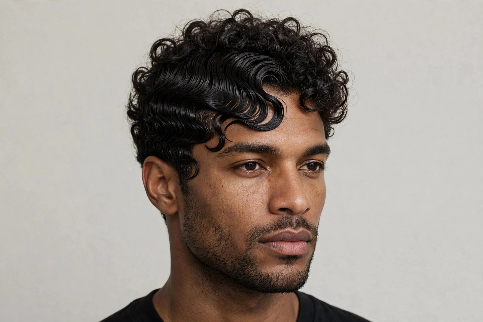 Finger waves with curly top on a man, sculpted front ridges blending into natural curls, barbershop photography