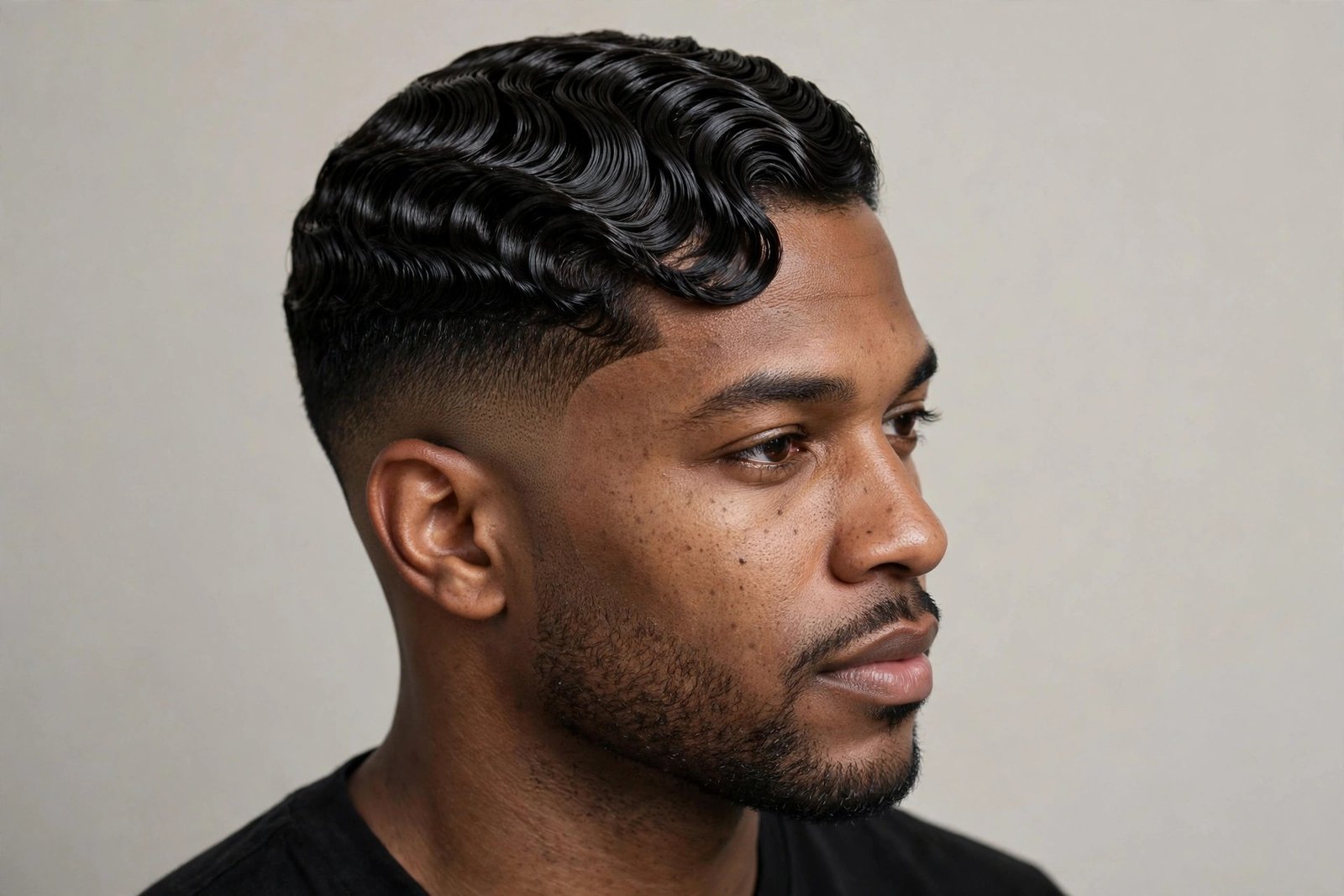 Finger waves with mid fade on a man, sculpted ridges above a balanced mid fade, modern barbershop photography