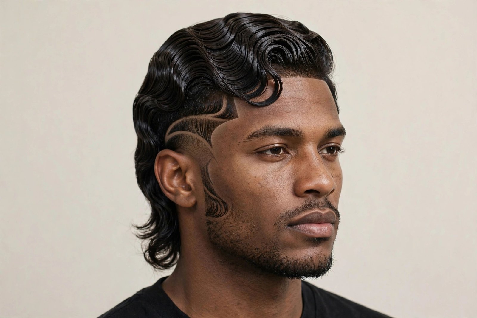 Finger waves with temple fade on a man, sharp temple detail framing sculpted ridges, precision barbershop photography