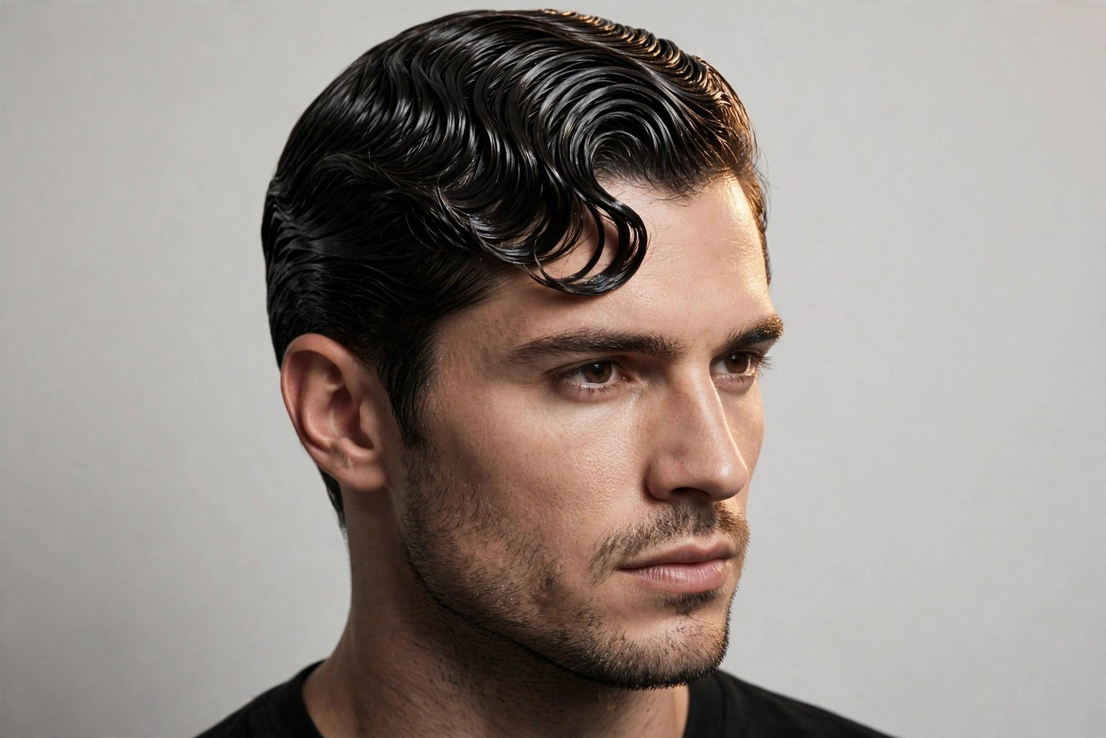 Wet-look gloss finger waves on a man, high-shine deep ridges, evening barbershop photography
