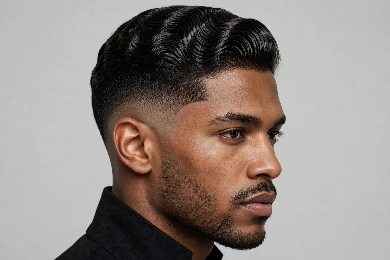 Finger waves with burst fade on a man, sculpted ridges above a curved burst fade, modern barbershop photography