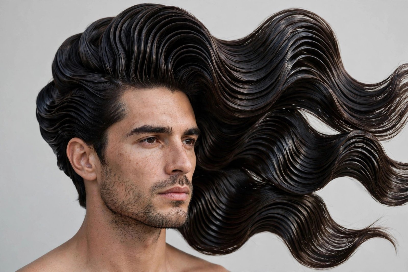Long swoop editorial finger waves on a man, dramatic sweeping sculpted ridges, fashion barbershop photography