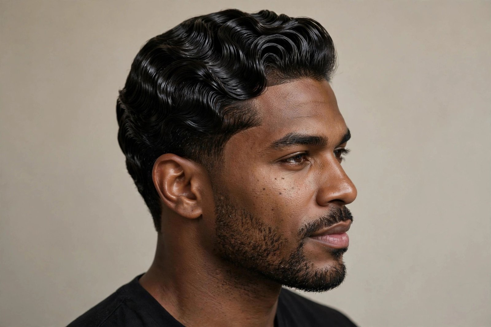 Man with finger waves in three-quarter view, sculpted glossy ridges, barbershop photography