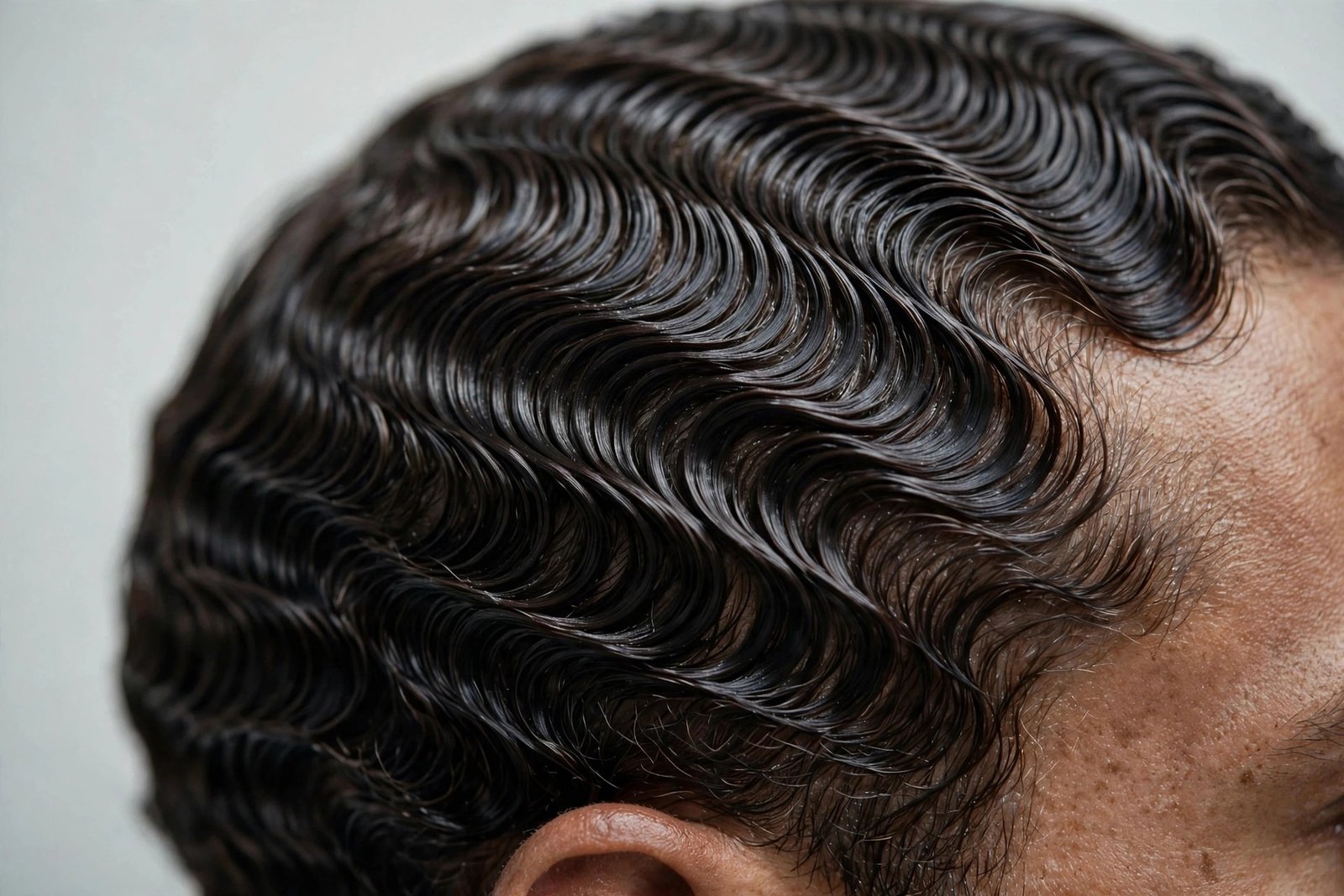 Close view of sculpted finger wave texture with glossy defined ridges, barbershop detail photography