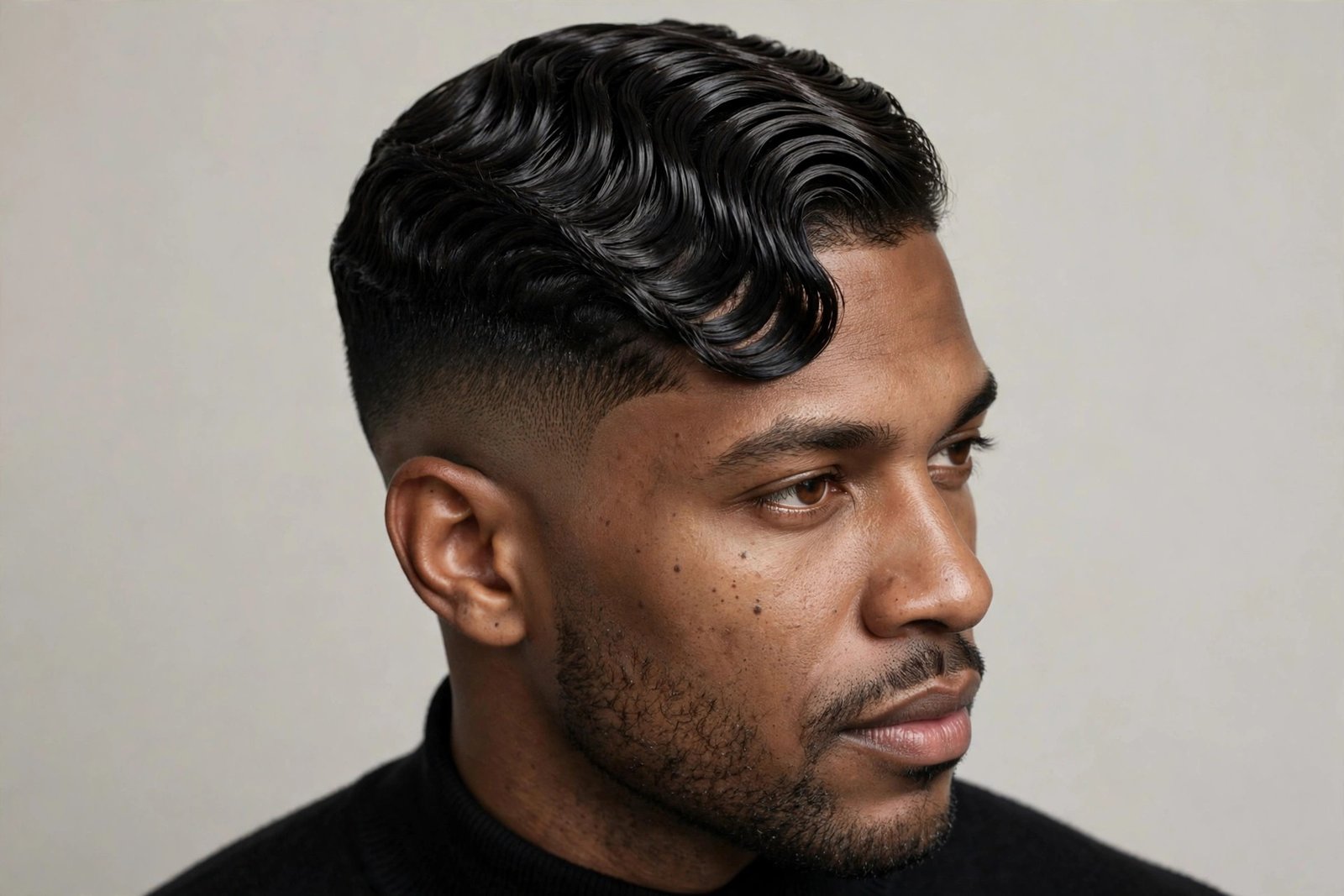 Man with modern finger waves and a clean fade, glossy sculpted ridges, premium editorial barbershop photography