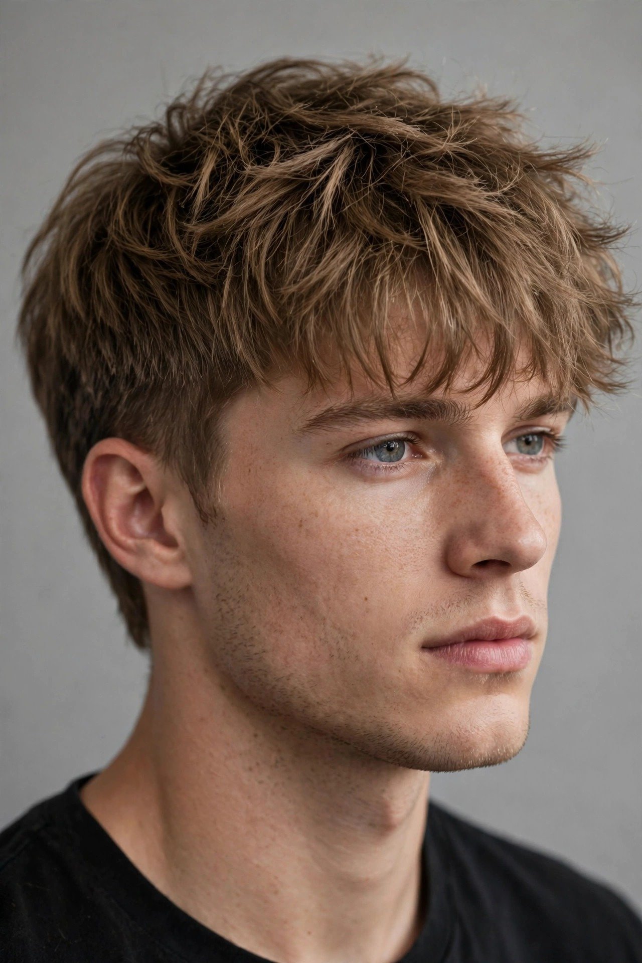 Classic fluffy fringe haircut on young man, textured forward falling fringe with airy volume on top