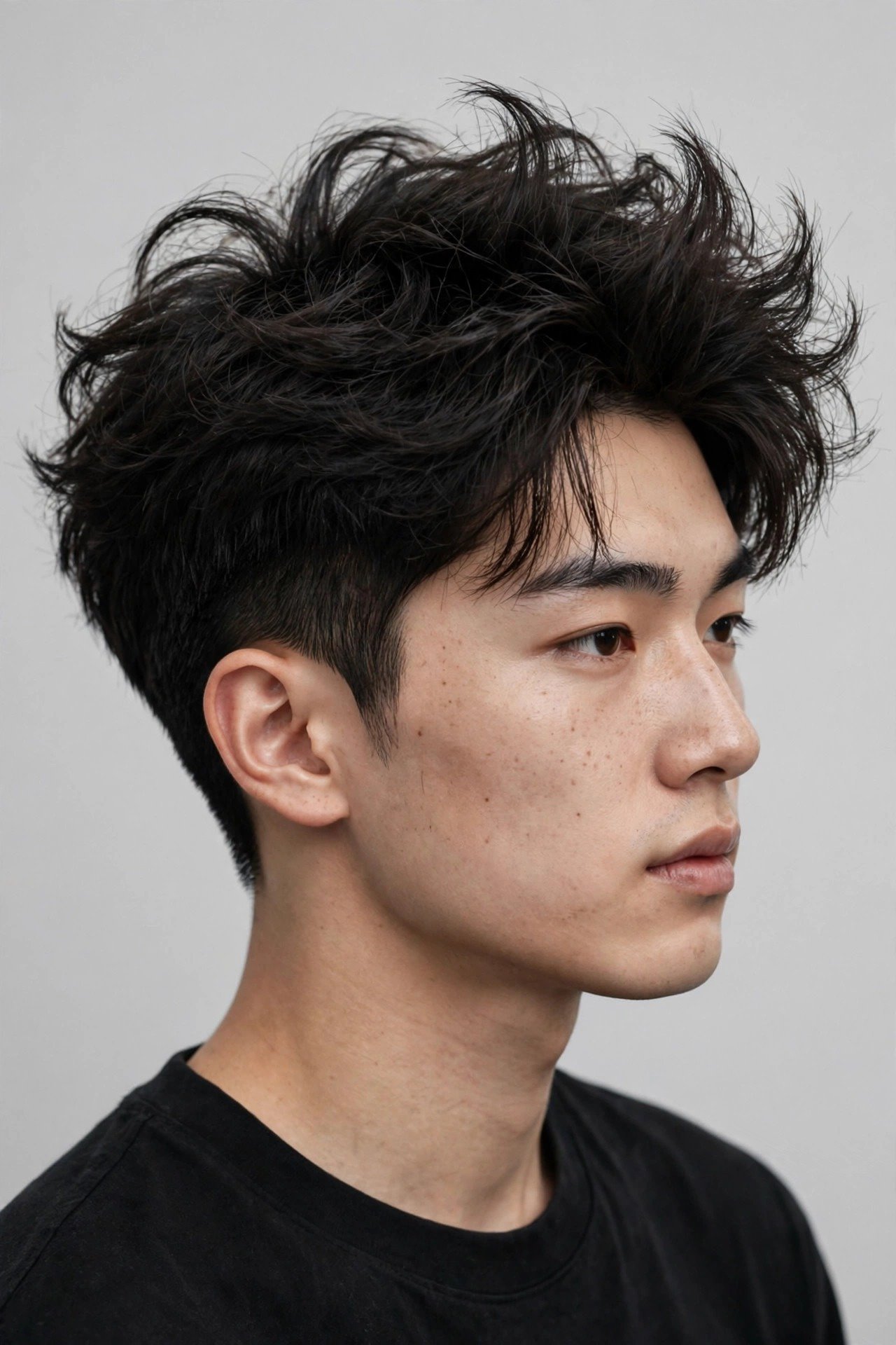 Fluffy two block haircut men, voluminous crown with short tapered sides, Korean inspired texture