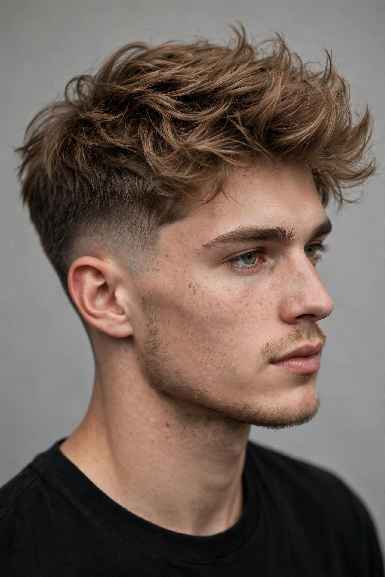 Fluffy taper fade haircut men, voluminous textured top with clean low taper fade sides