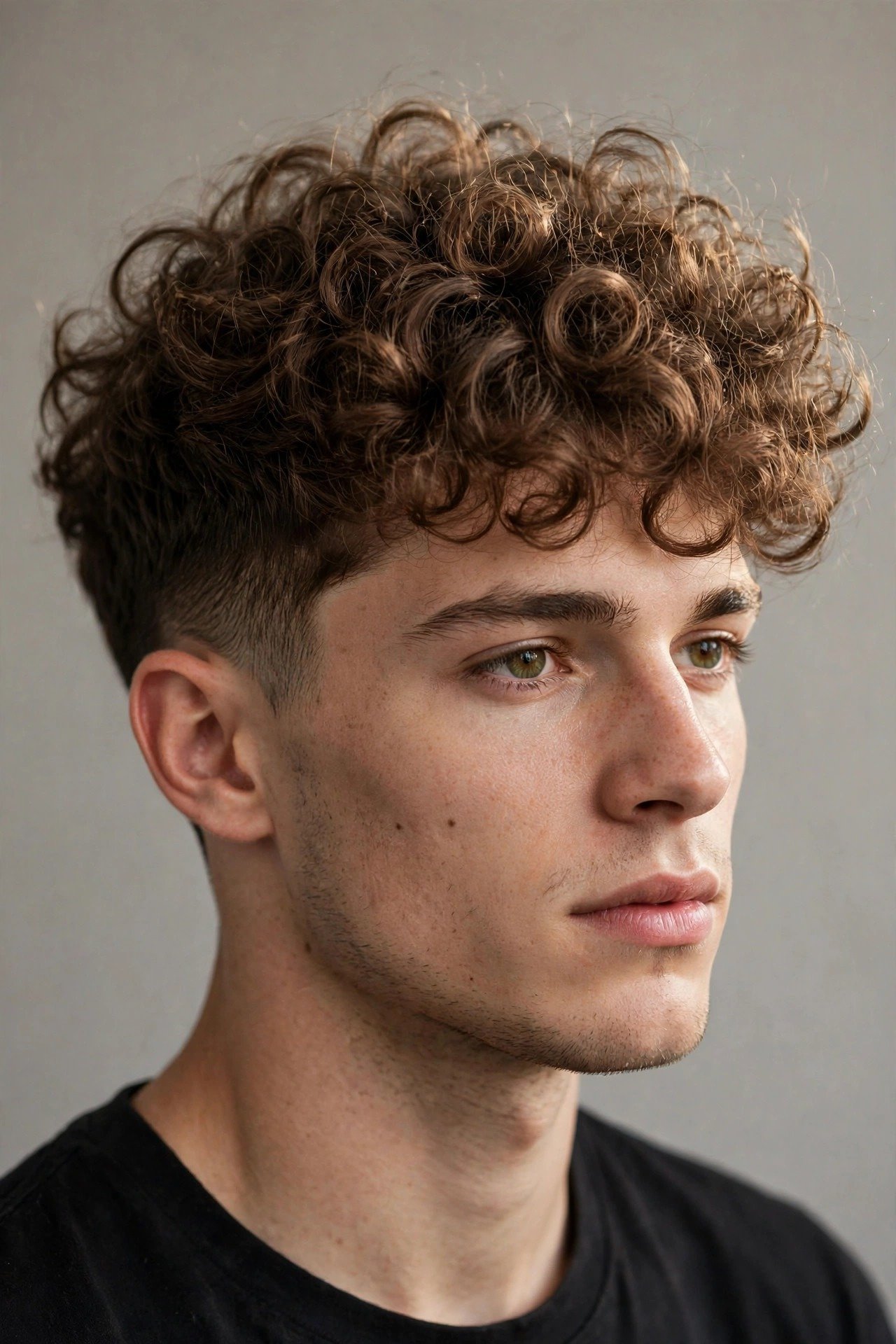 Fluffy curly top haircut, defined soft curls with airy volume, tapered sides