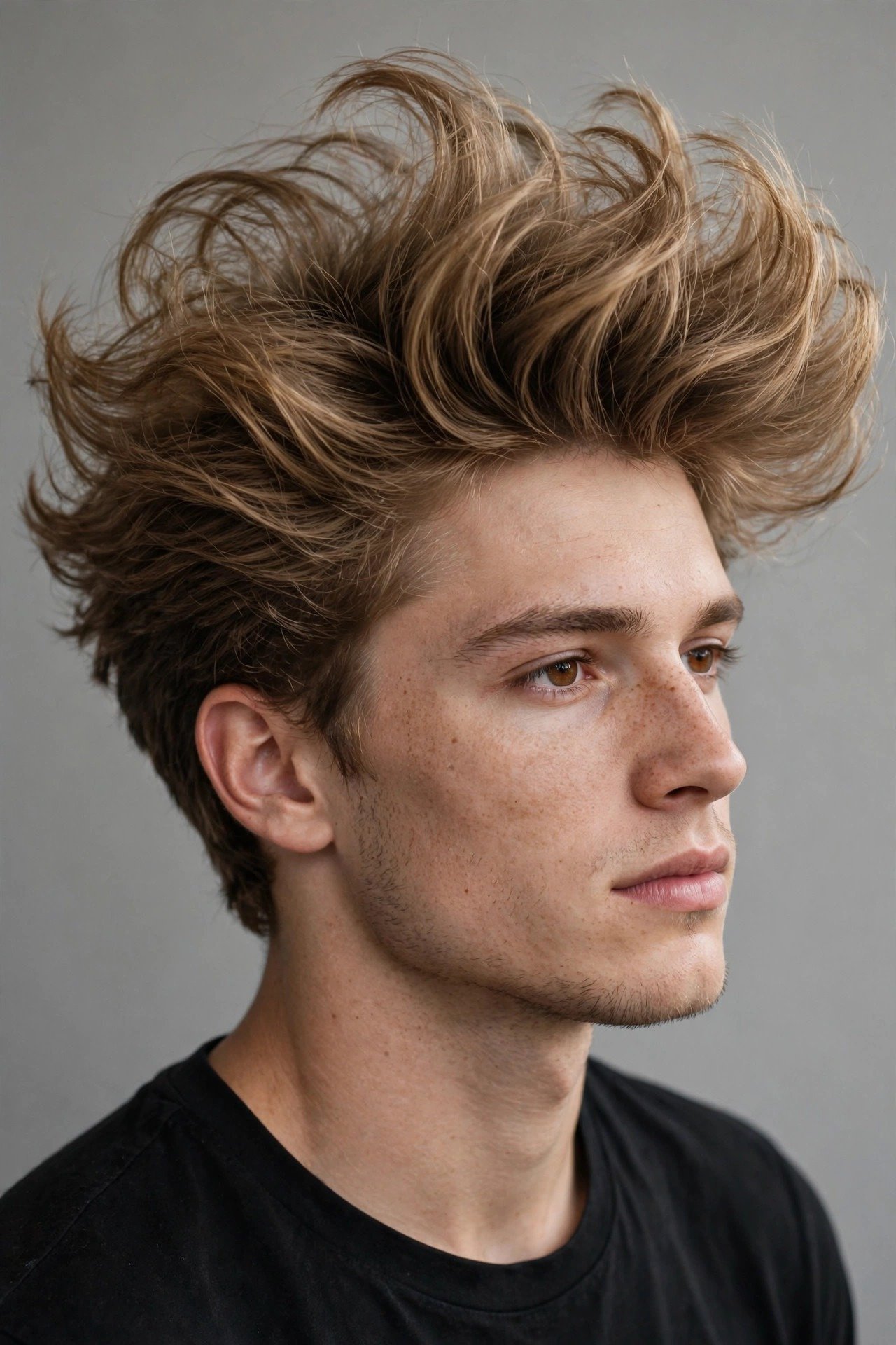Fluffy blowout haircut men, big voluminous blow dried hair swept back with airy texture
