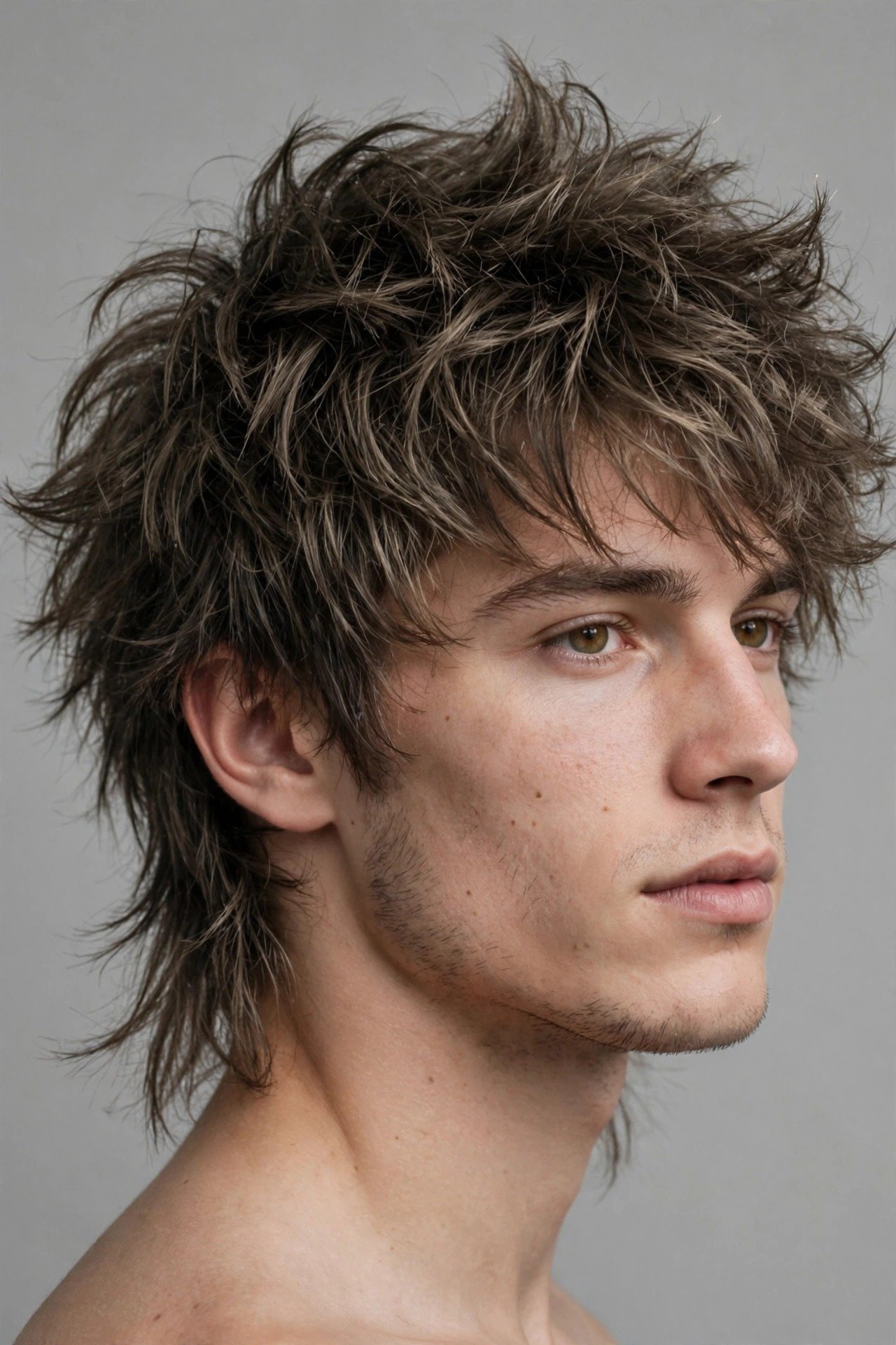 Fluffy wolf cut men, shaggy layered volume with textured crown and wispy ends