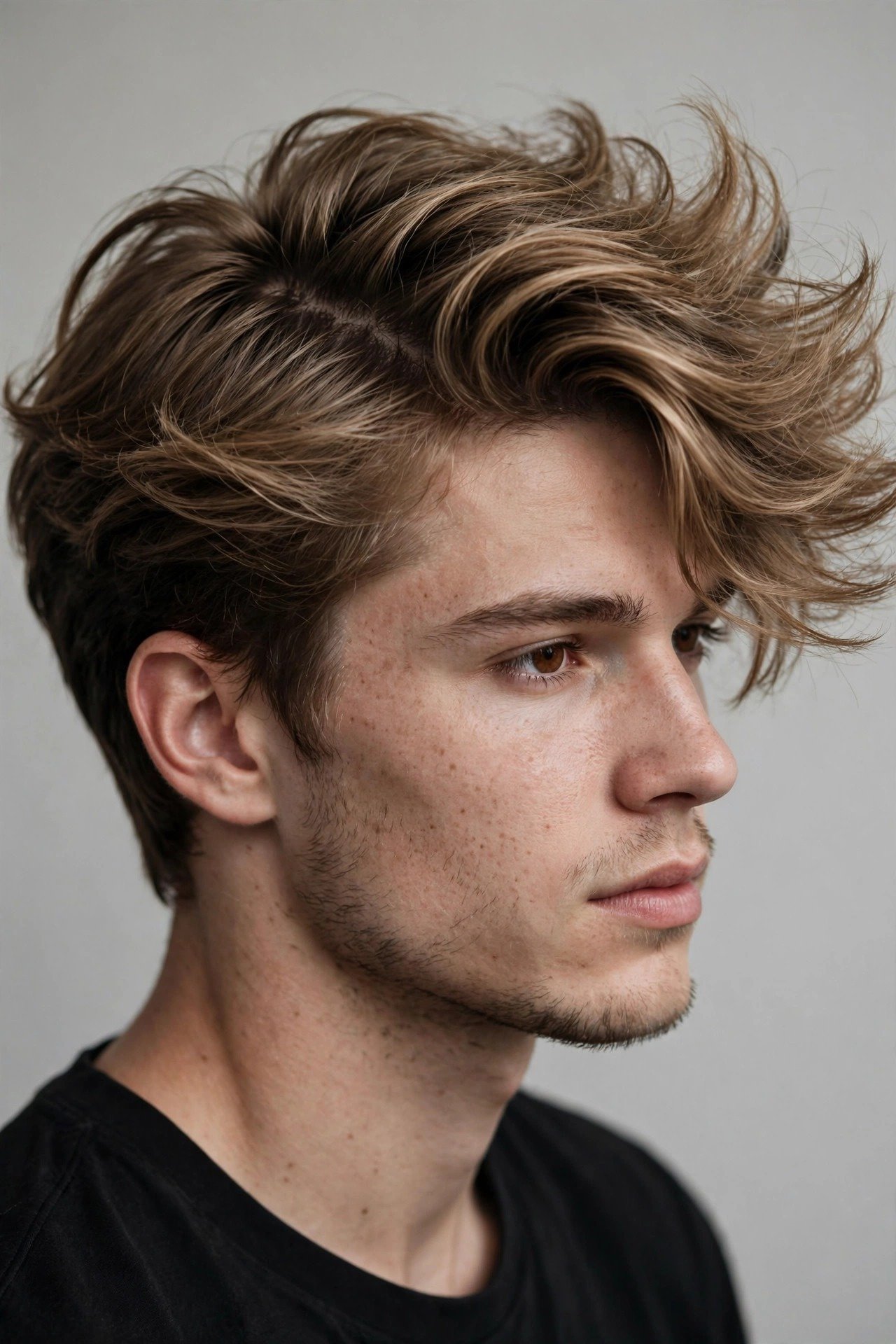 Fluffy side part haircut men, voluminous textured hair swept to the side with soft parting