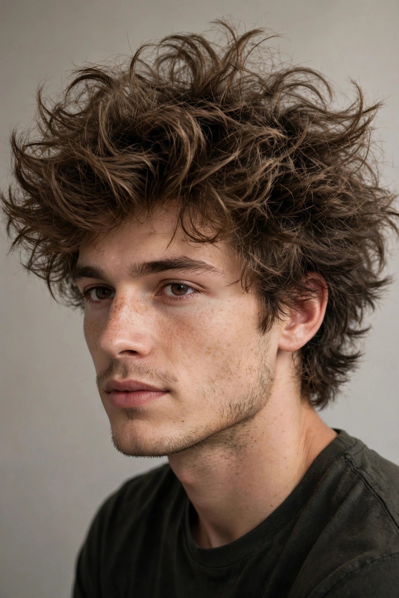 Fluffy messy bedhead hairstyle men, tousled airy texture with effortless undone volume