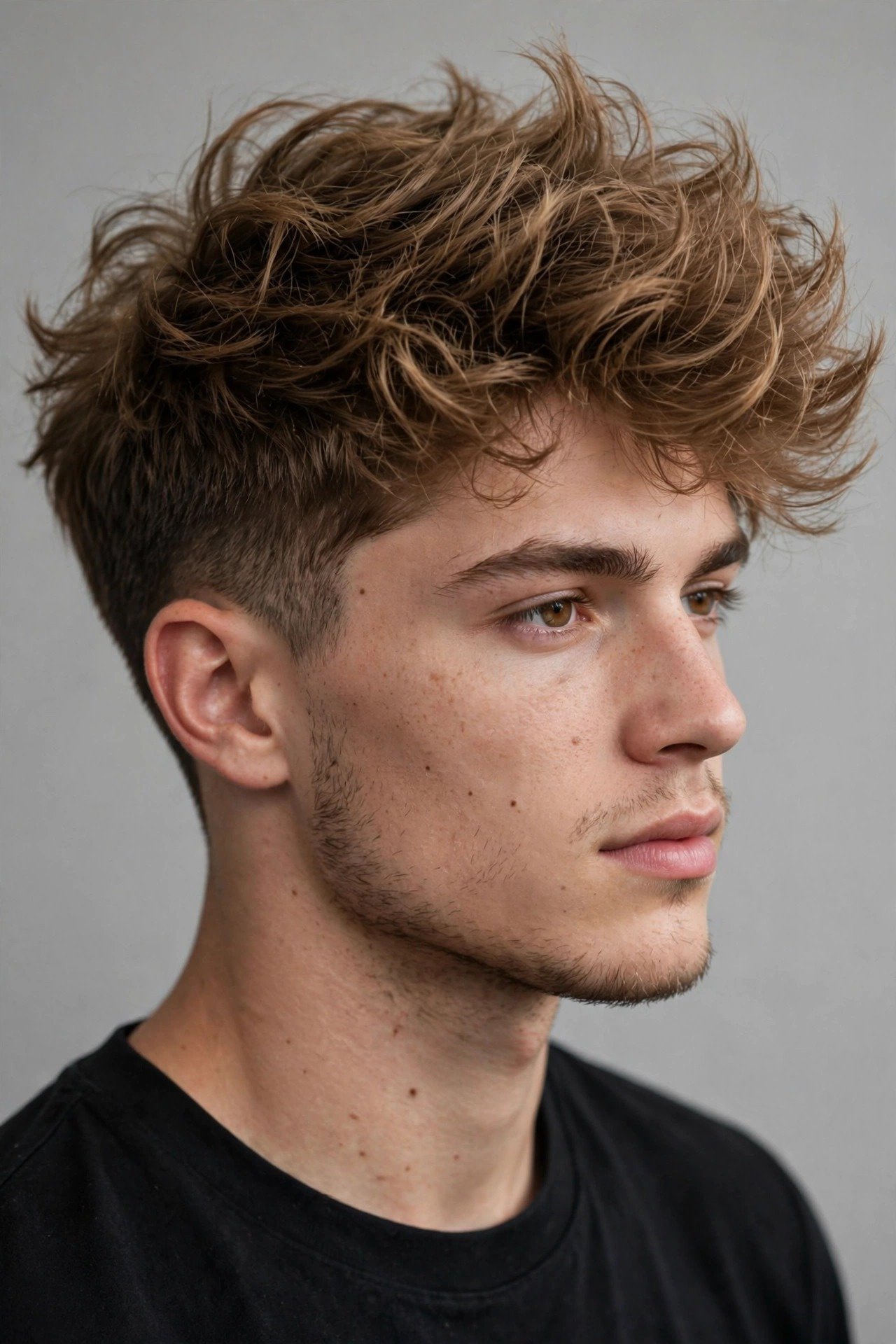 Fluffy long top short sides haircut, voluminous textured crown contrasting with neat short sides