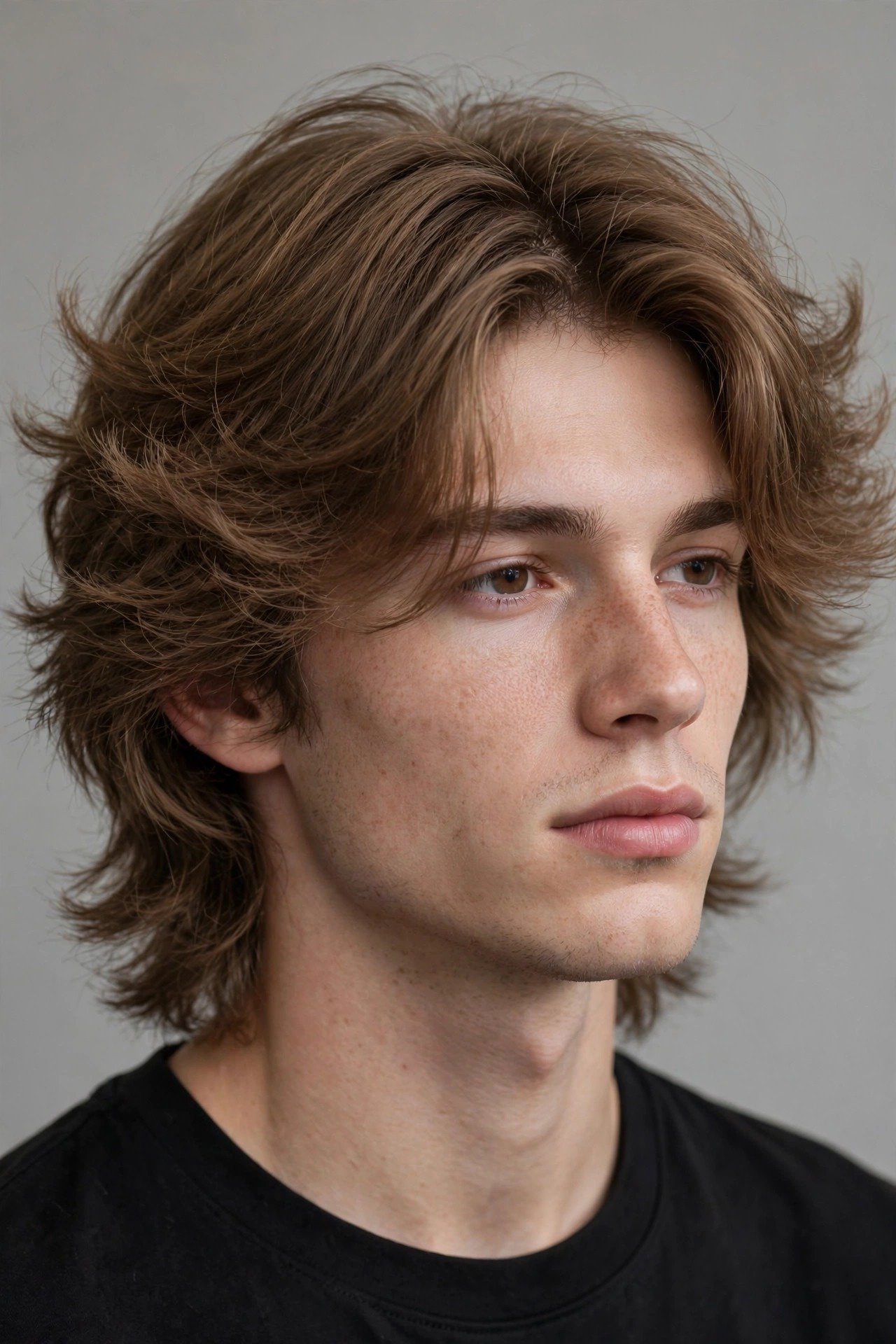 Fluffy e-boy curtains hairstyle, soft center parted fluffy layers framing the face, modern 2026 update