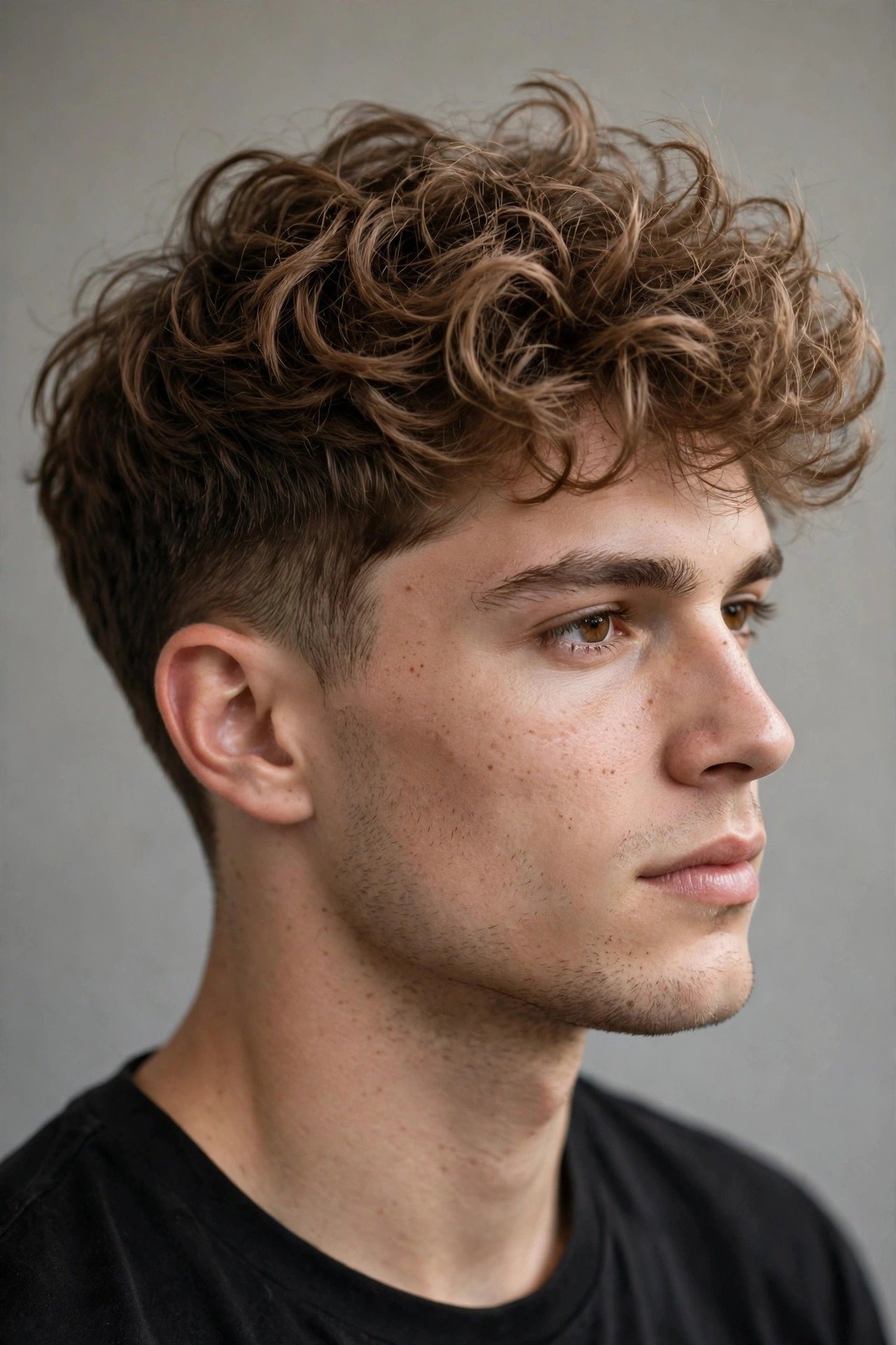 Fluffy wavy crop haircut men, short textured waves with airy volume on top