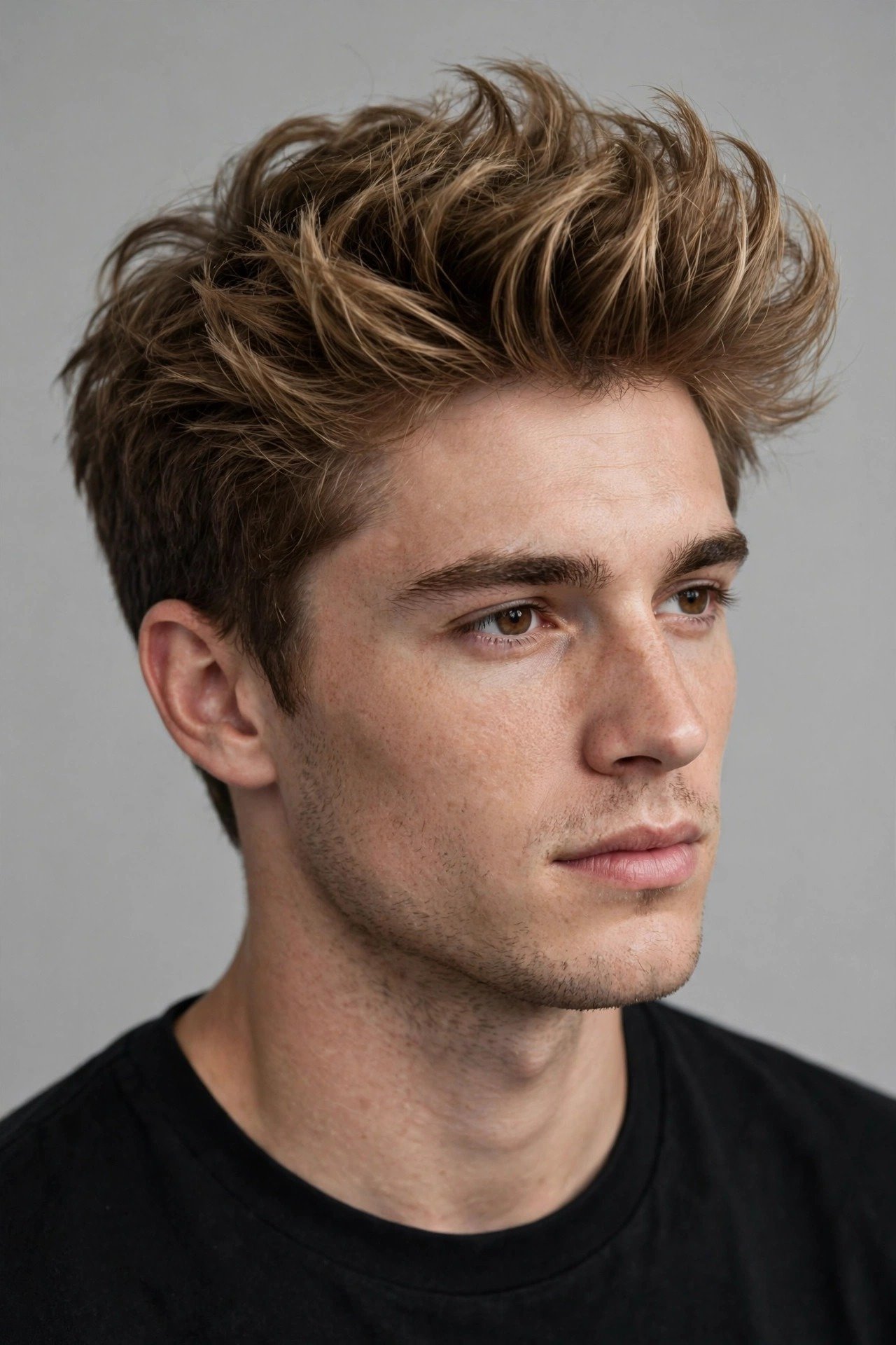 Fluffy textured quiff haircut men, voluminous lifted front with soft airy texture