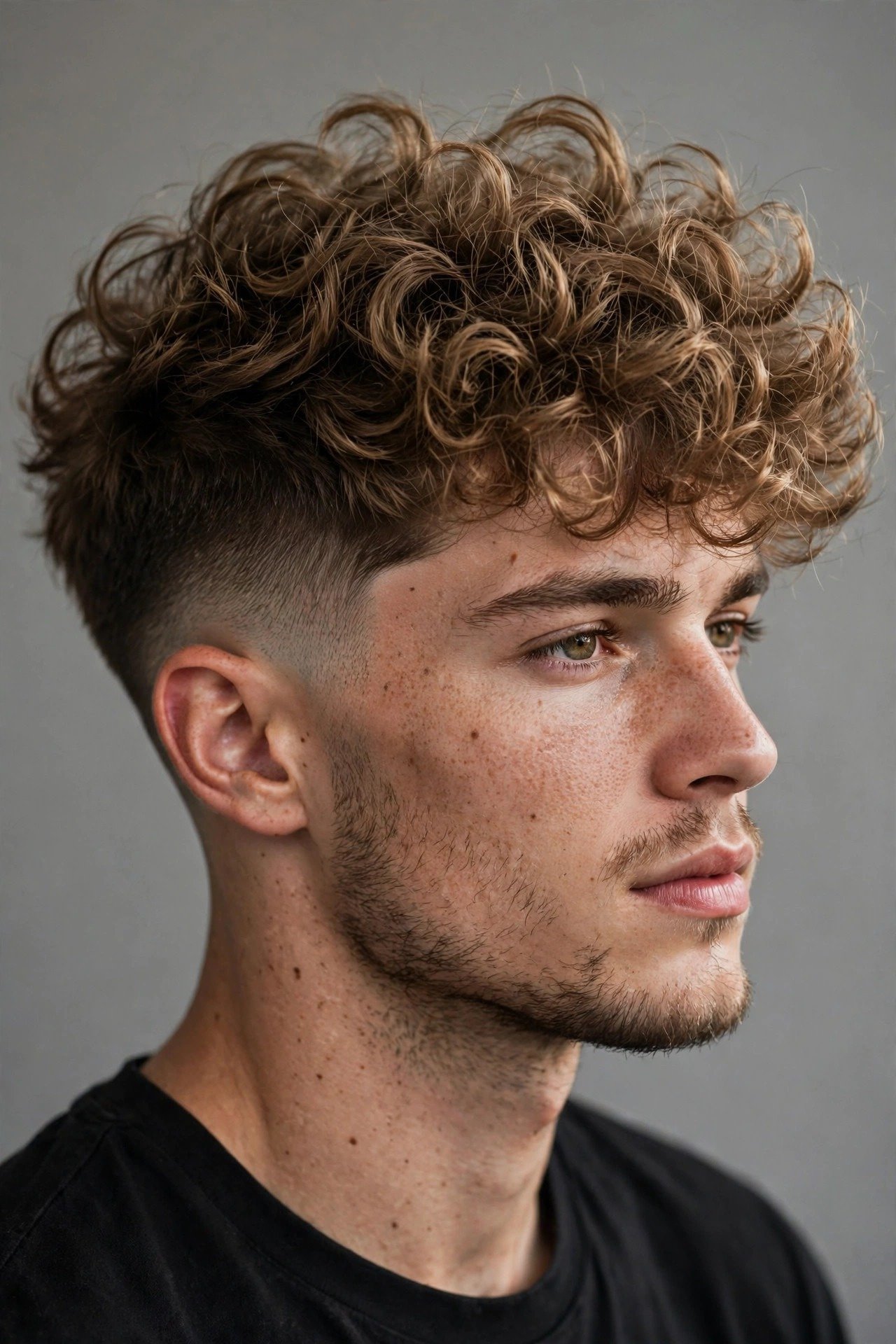 Fluffy broccoli haircut men 2026, voluminous permed texture on top with faded sides, modern update