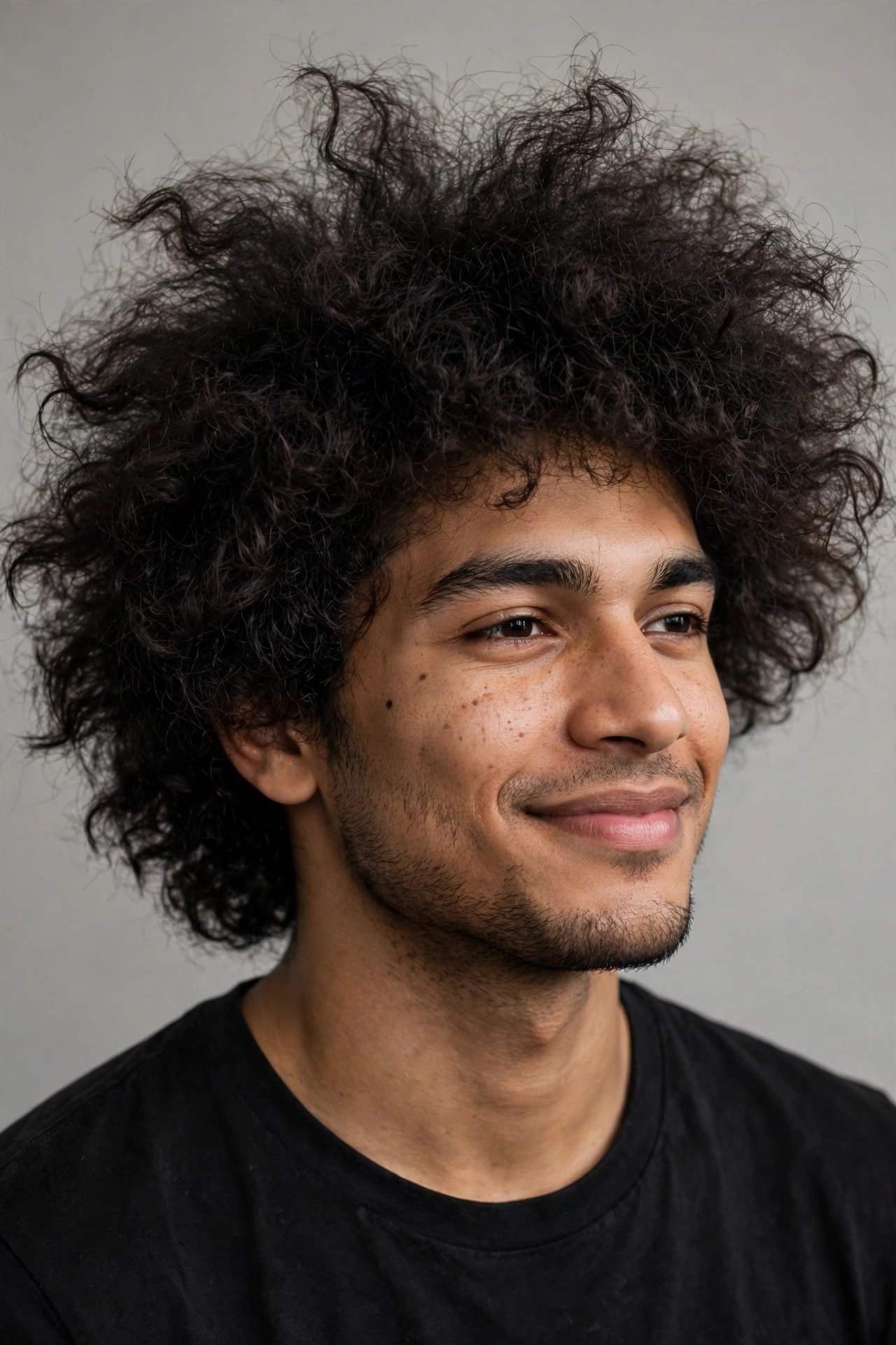 Portrait of young man with natural fluffy voluminous hair texture, confident look