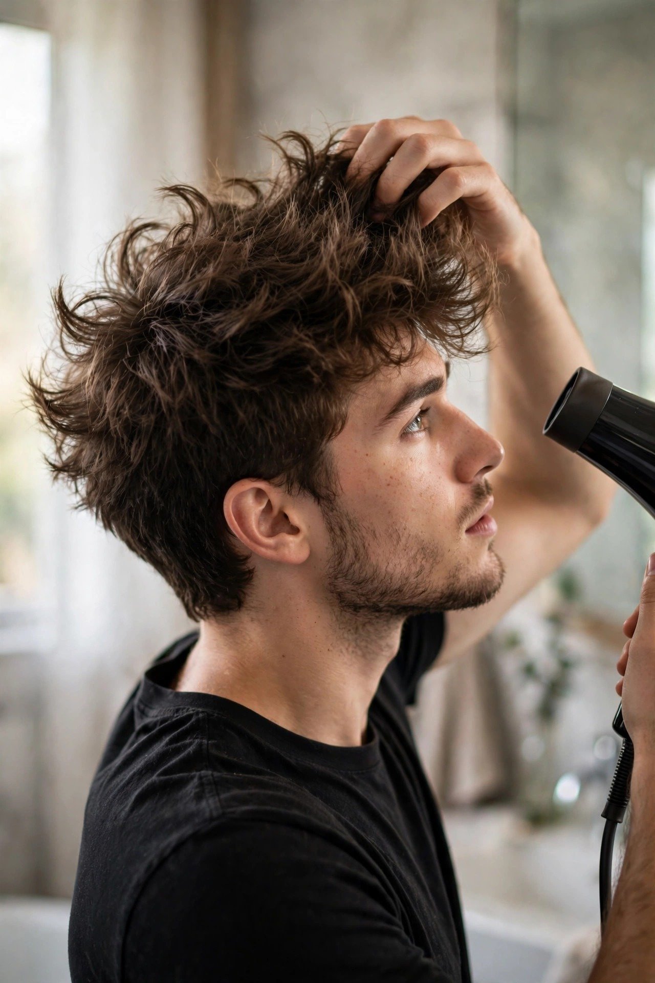 Man blow drying fluffy textured hair with fingers lifting roots for airy volume, styling routine