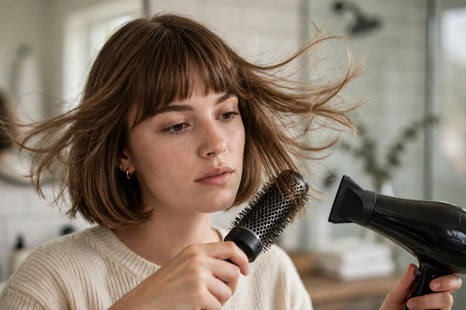 Styling a French bob at home with round brush