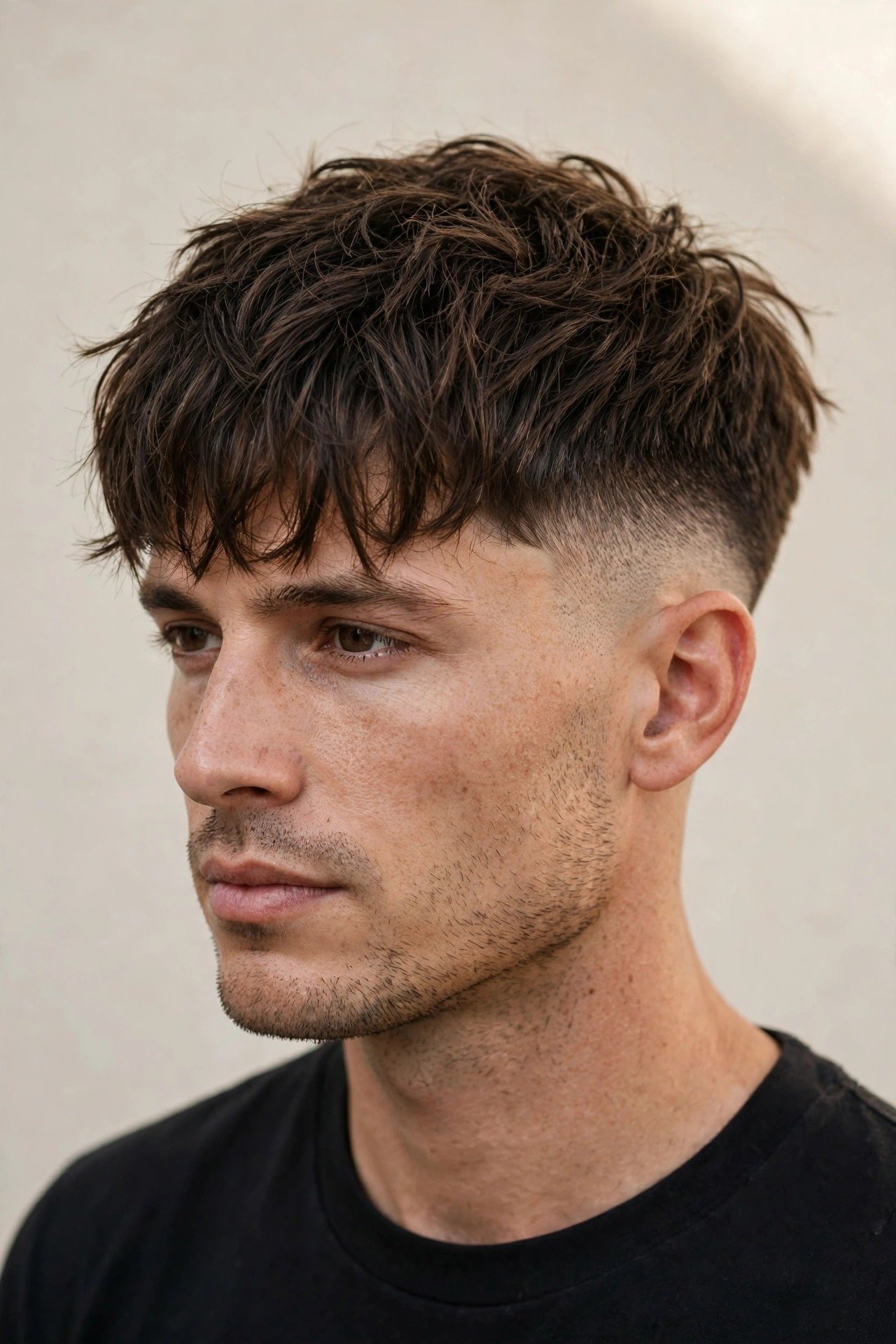 Man with a textured french crop haircut, fringe falling forward