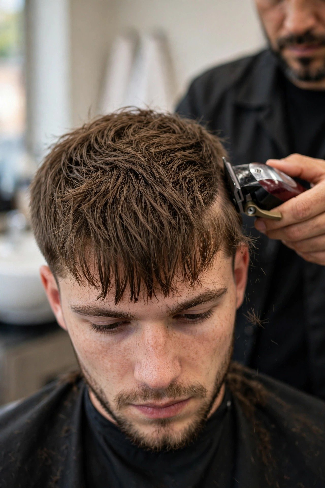 Barber cutting a french crop with clippers, textured top visible