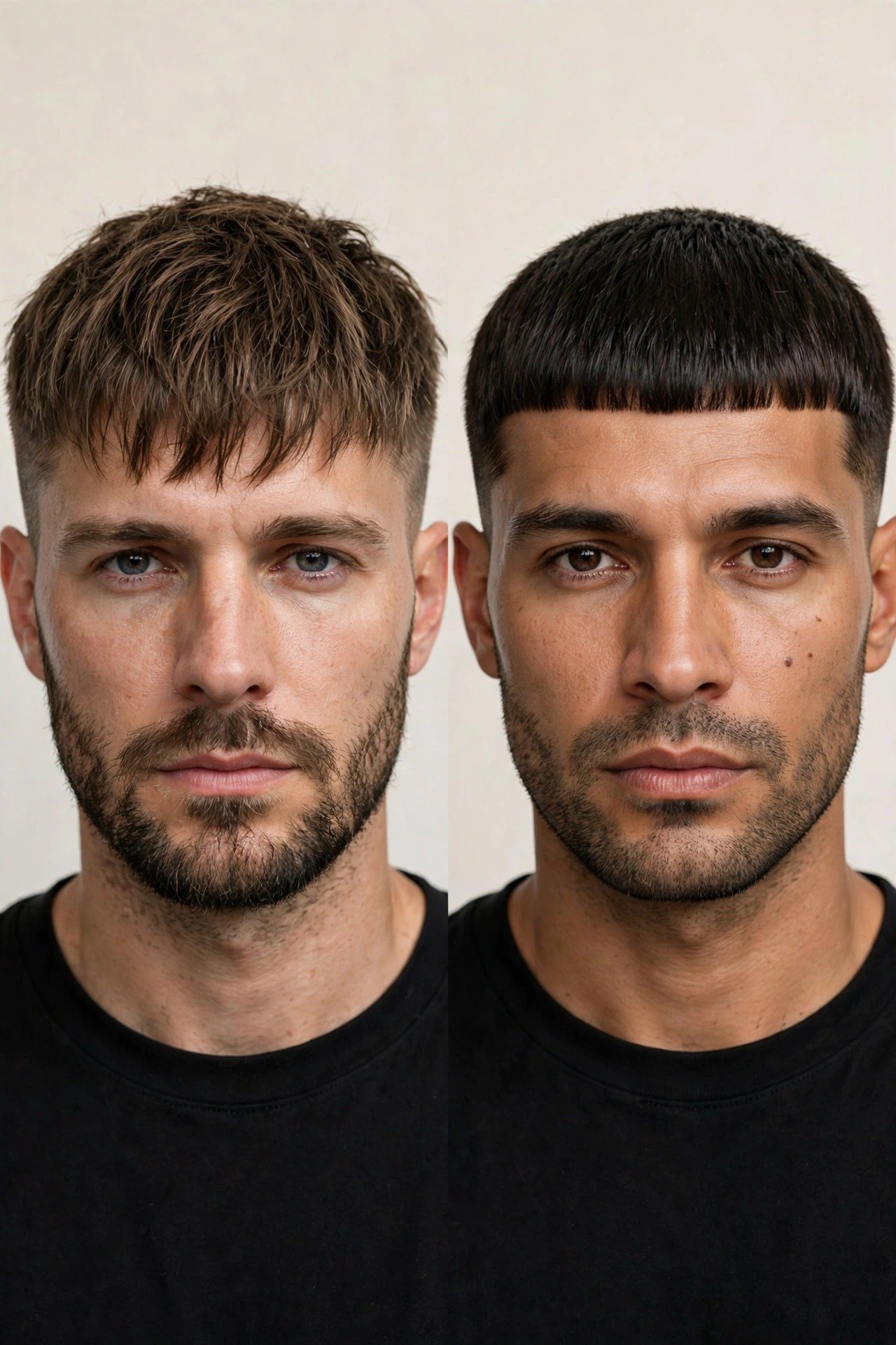 Side by side comparison of french crop vs caesar cut on men