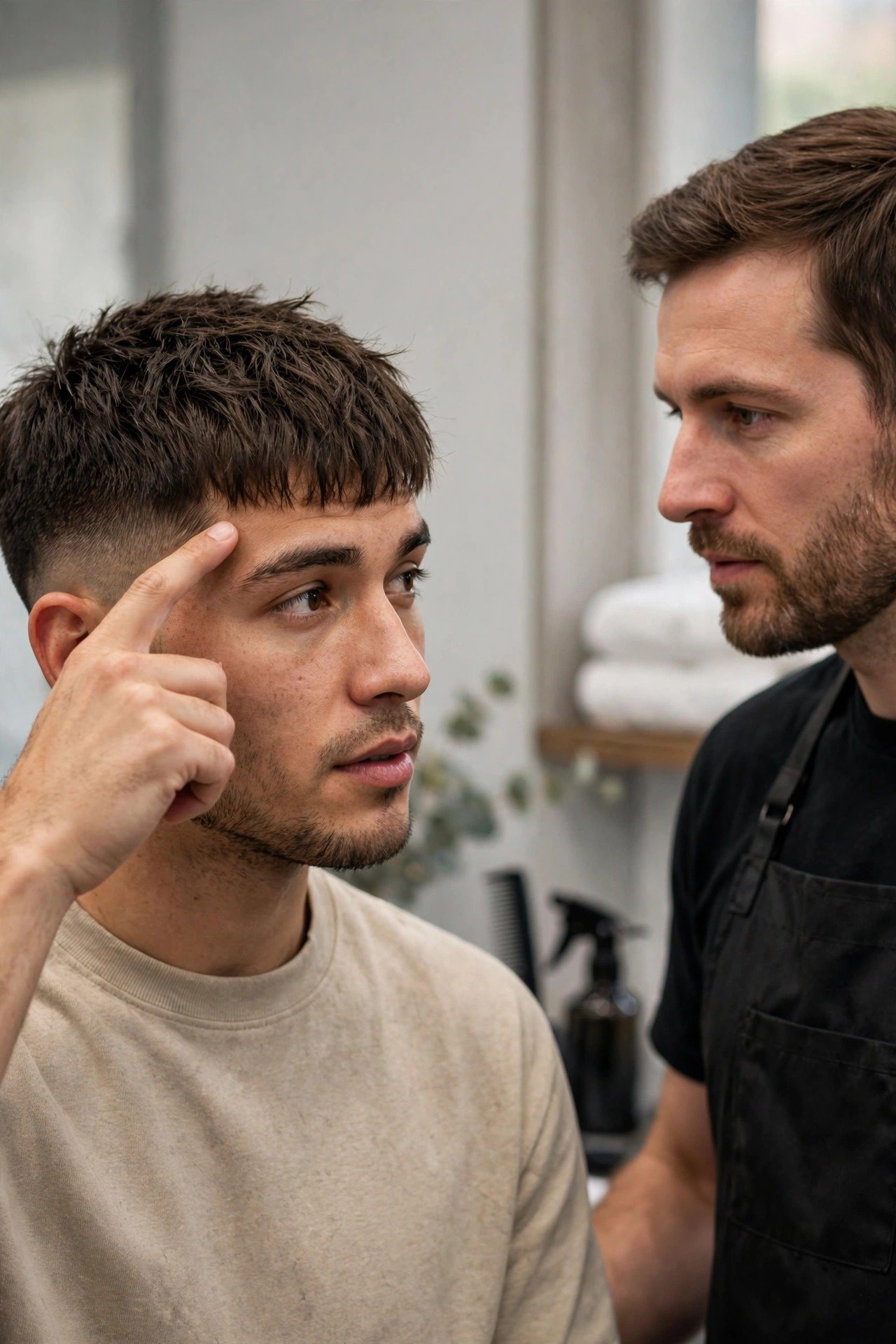 Man consulting with barber about french crop haircut