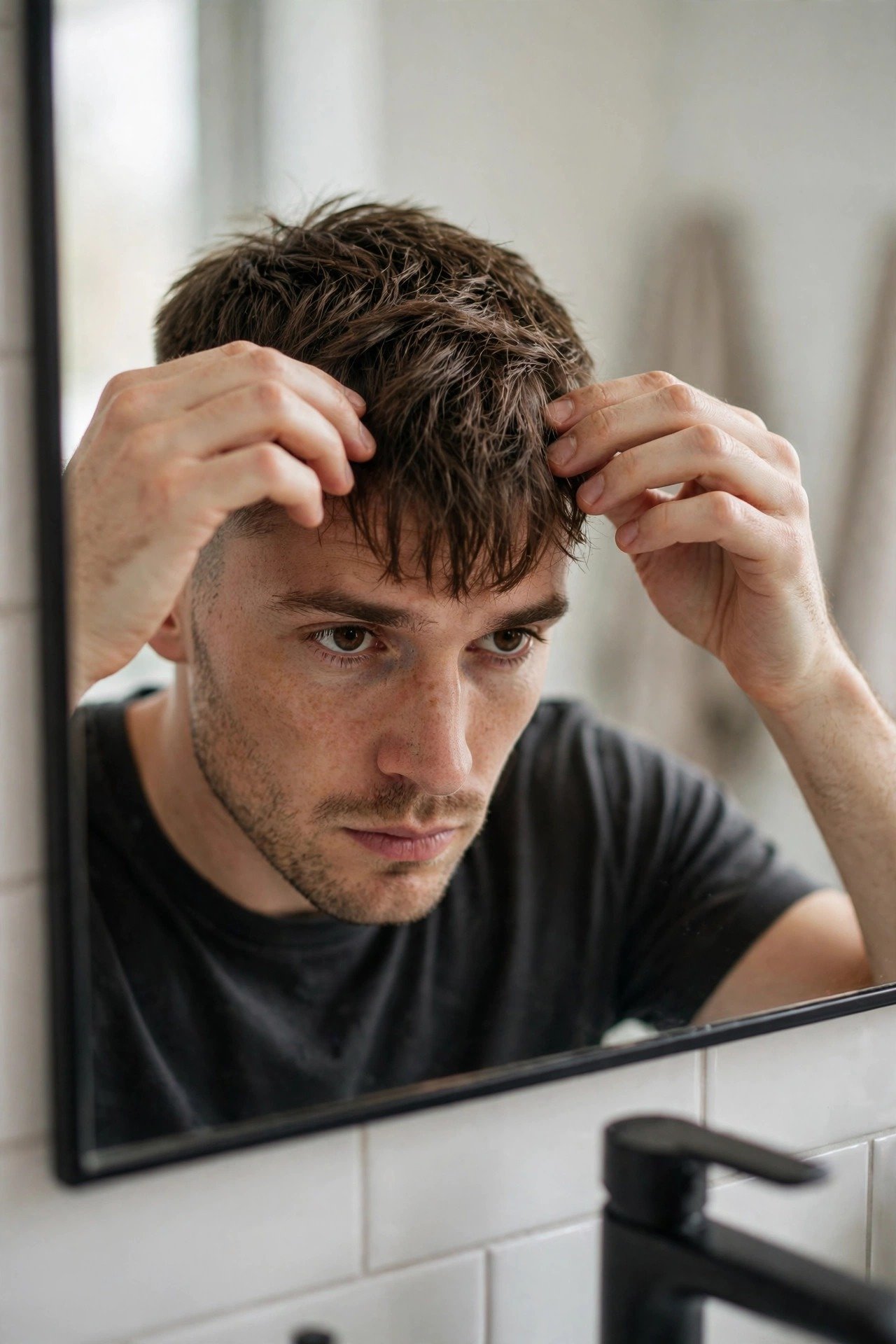 Man styling french crop with matte clay product at home