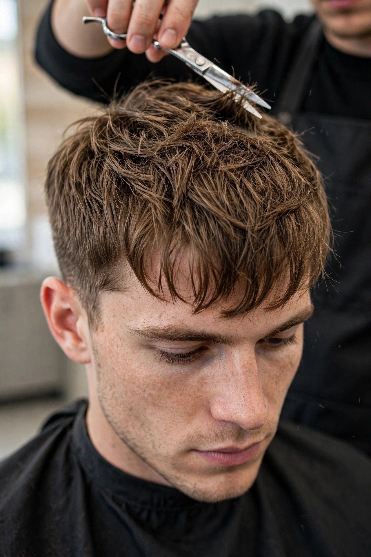 Barber trimming french crop to maintain shape